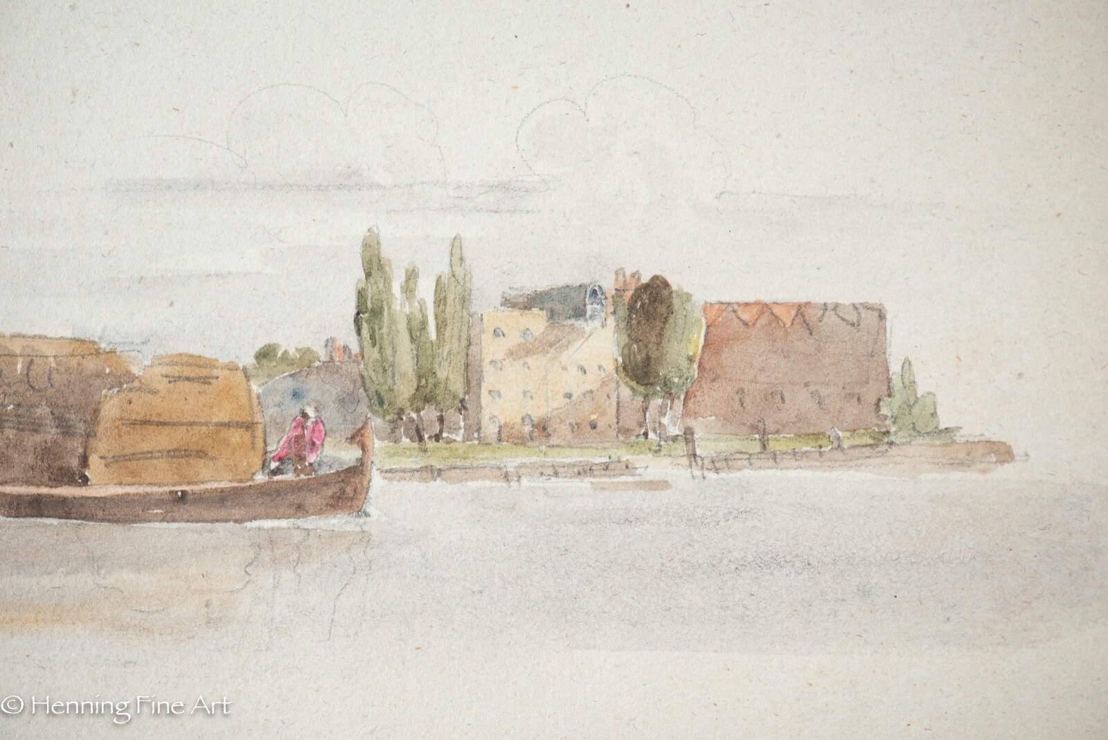 Antique Middle Eastern Watercolor Coastal Riverscape w/ City, Fine Verso C. 1810