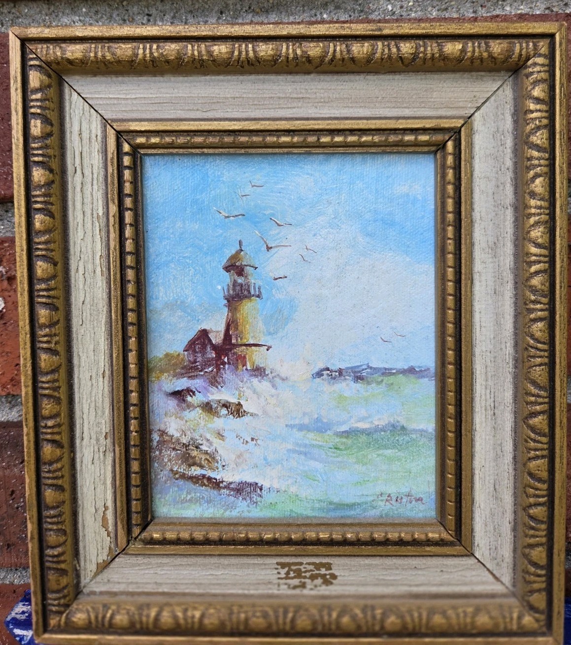 Vintage Lighthouse Oil Painting 7.5 X 6.5 Signed by Artist