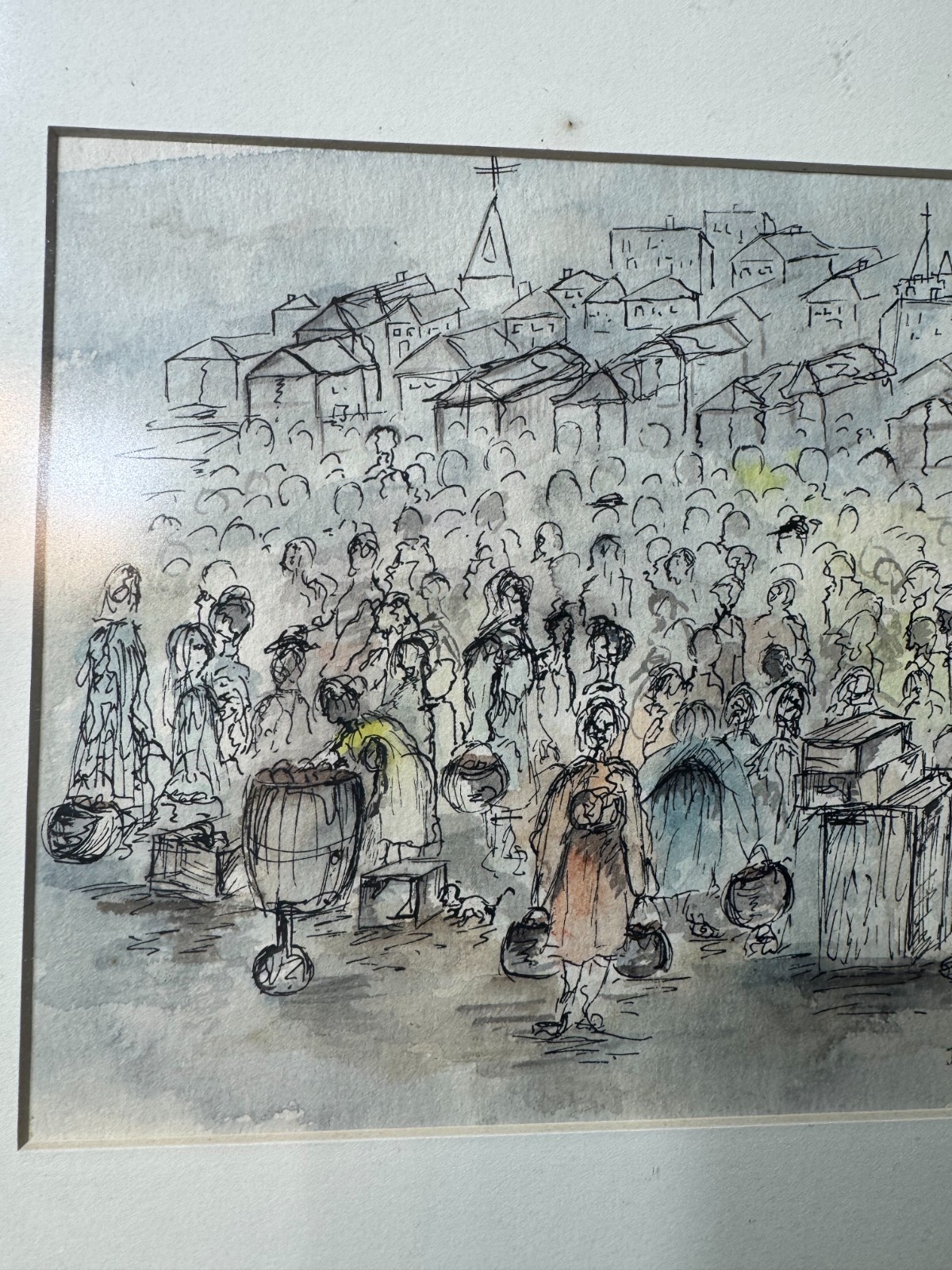 Jennifer Myerberg «Many Figures Scene» Pen, Ink And Watercolor Painting – Framed