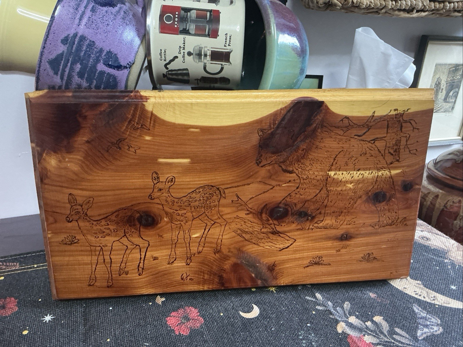 Wood Burning Art Natural Scene Fawn Deer & Bear Vintage Cedar 15X8