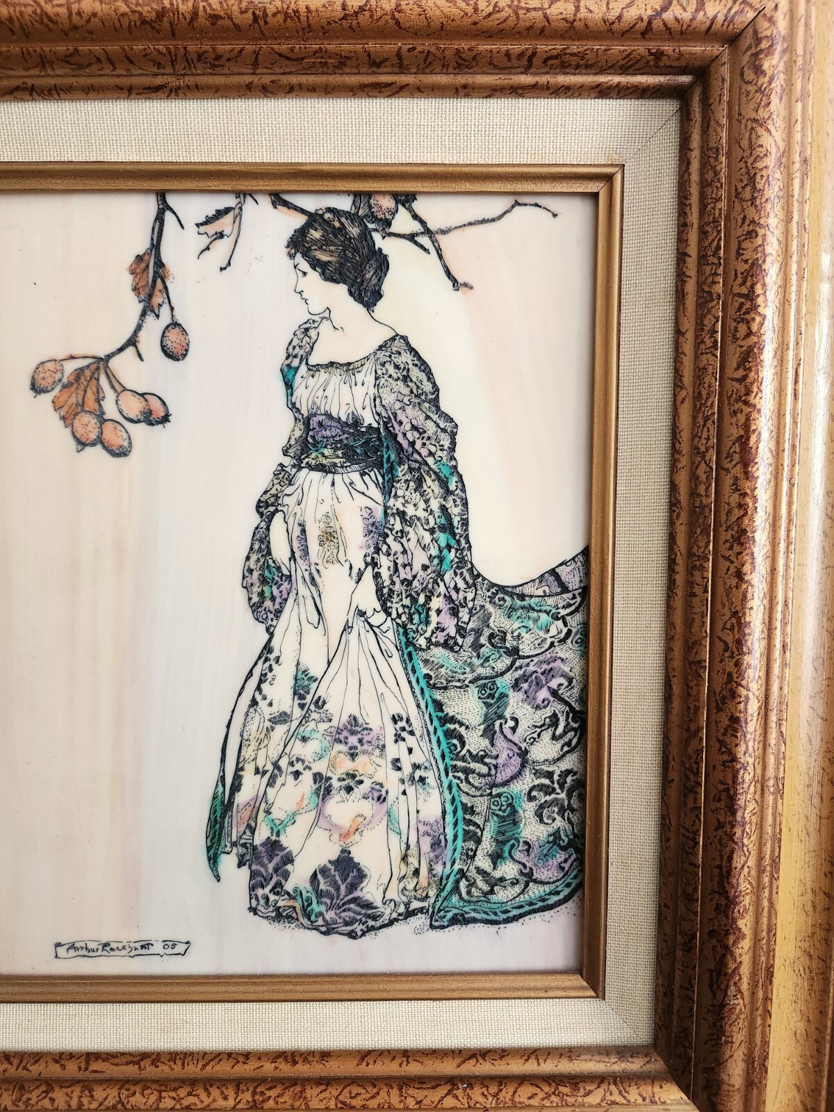 VTG Arthur Rackham Colored Engraving Gold Gesso Framed Art Nouveau Very Undancey