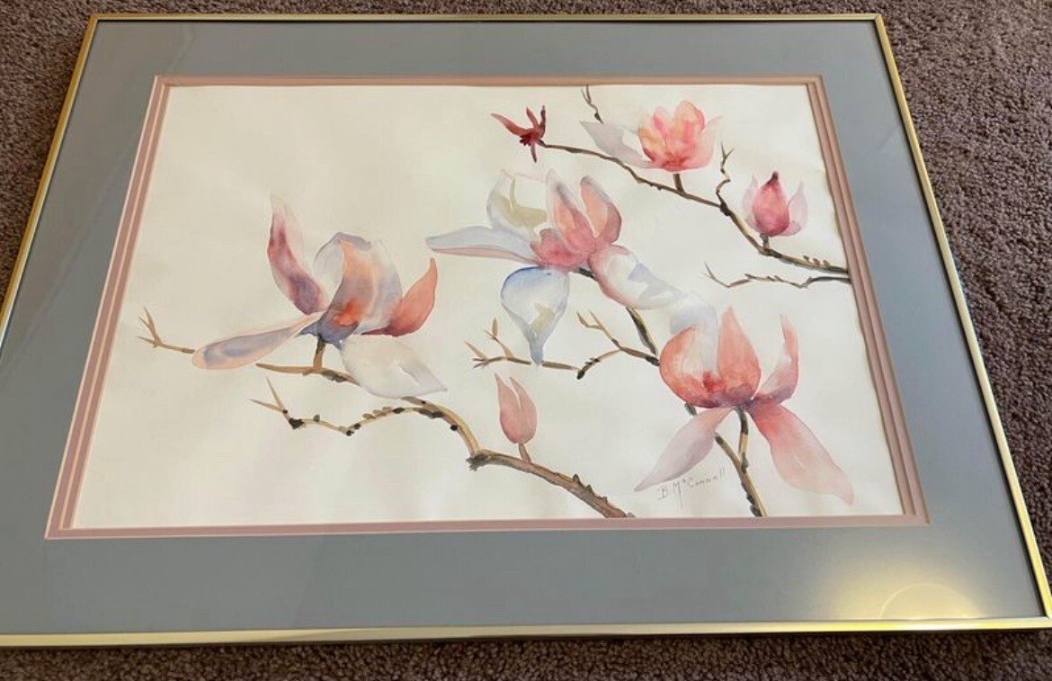 Vintage original watercolor painting signed framed Pink Magnolia Flowers