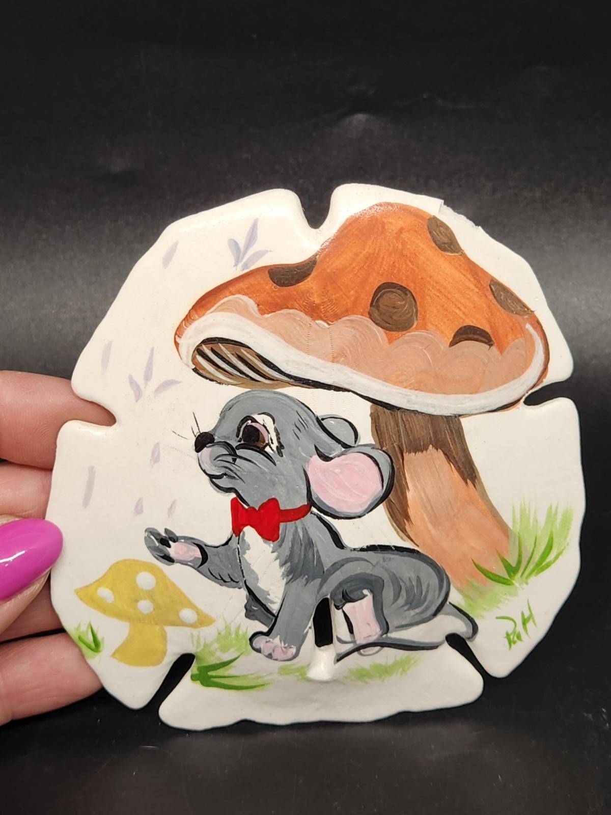 Hand Painted Mushrooms and Mouse with Red Bow Tie on Sand Dollar Signed