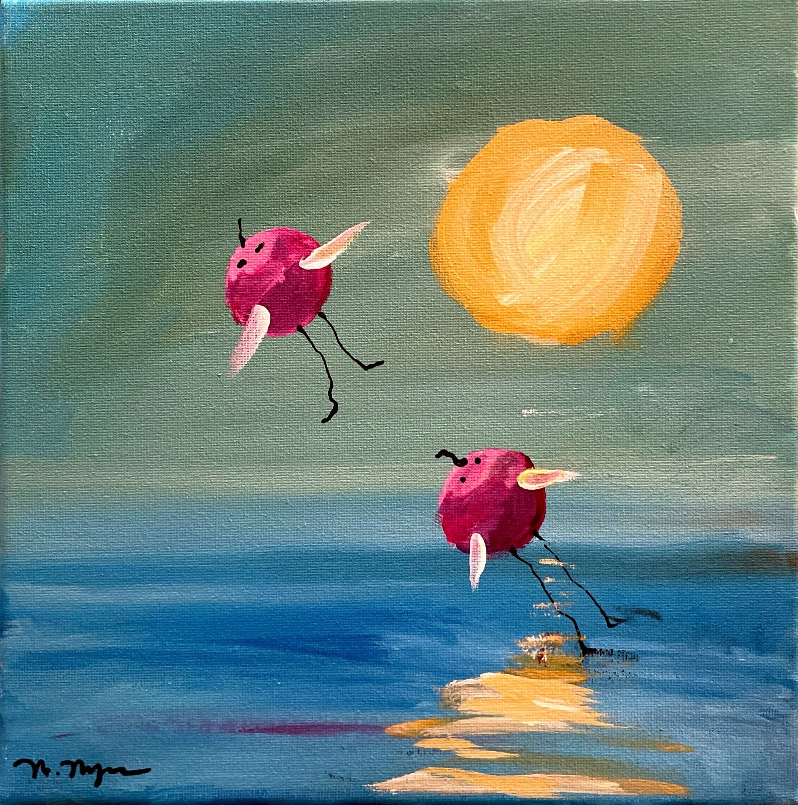 Mary Myers Original Abstract Expressionism 10×10 Flying Beach Birds Series