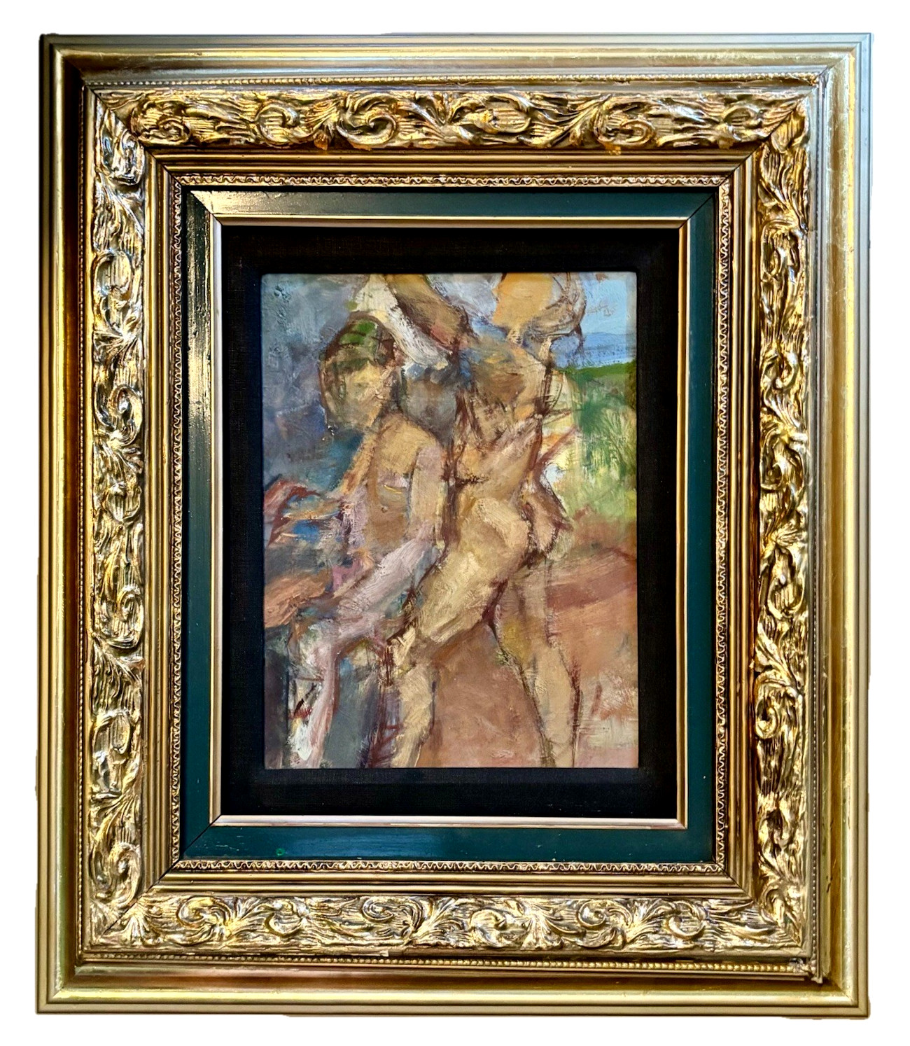 Original Moderist Impressionism Double Framed Oil on Board Figural Painting