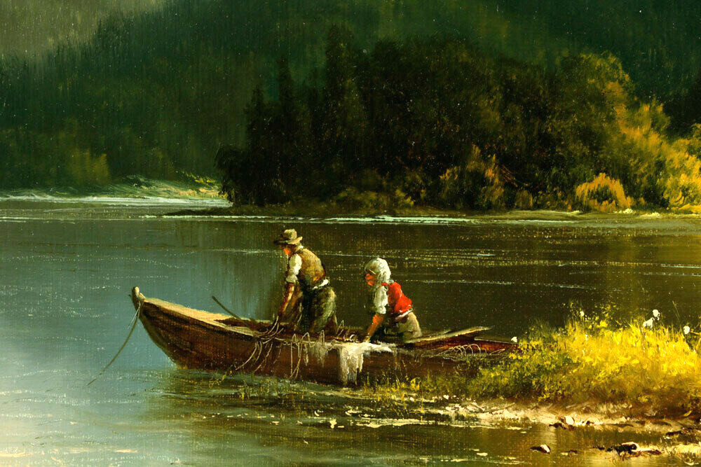 LUDWIG MUNINGER (GERMAN) SUMMER LAKE SCENE – ORIGINAL OIL PAINTING ON CANVAS