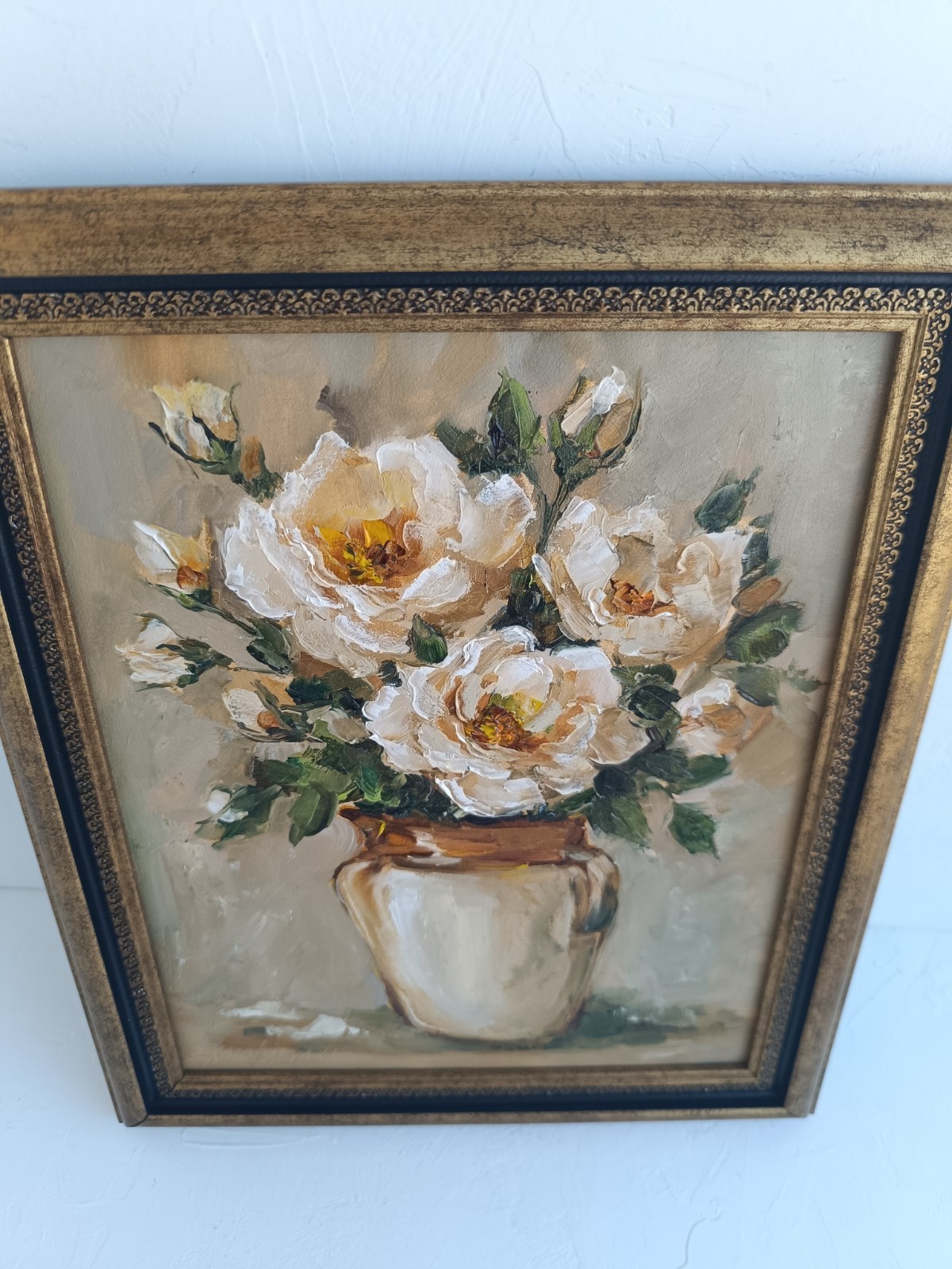 White Roses in a Vase Original Oil Painting Framed Floral Wall Art 8×10 in