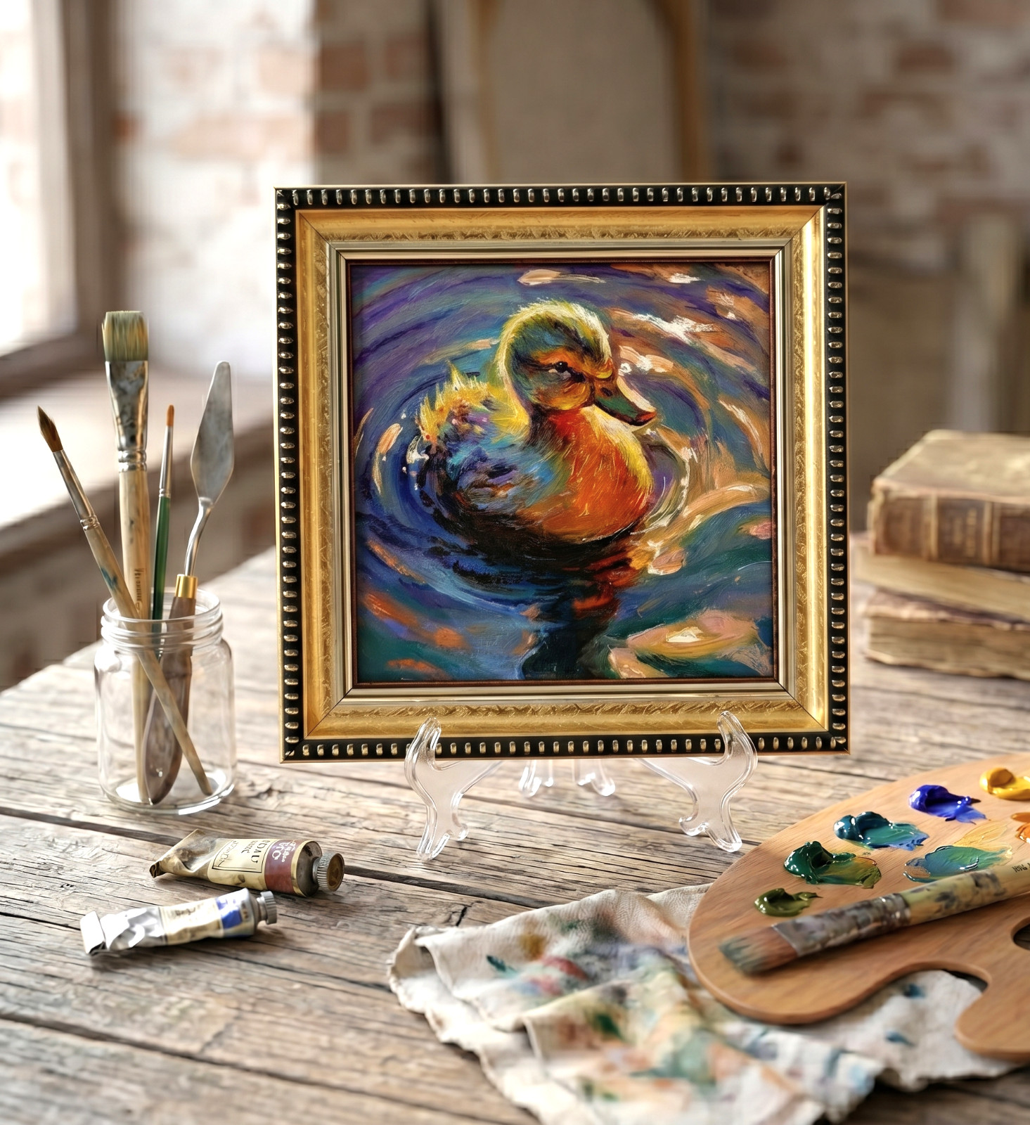 Duckling Original Oil Painting 4×4 Framed Signed Cute Baby Duck Water Pond Art