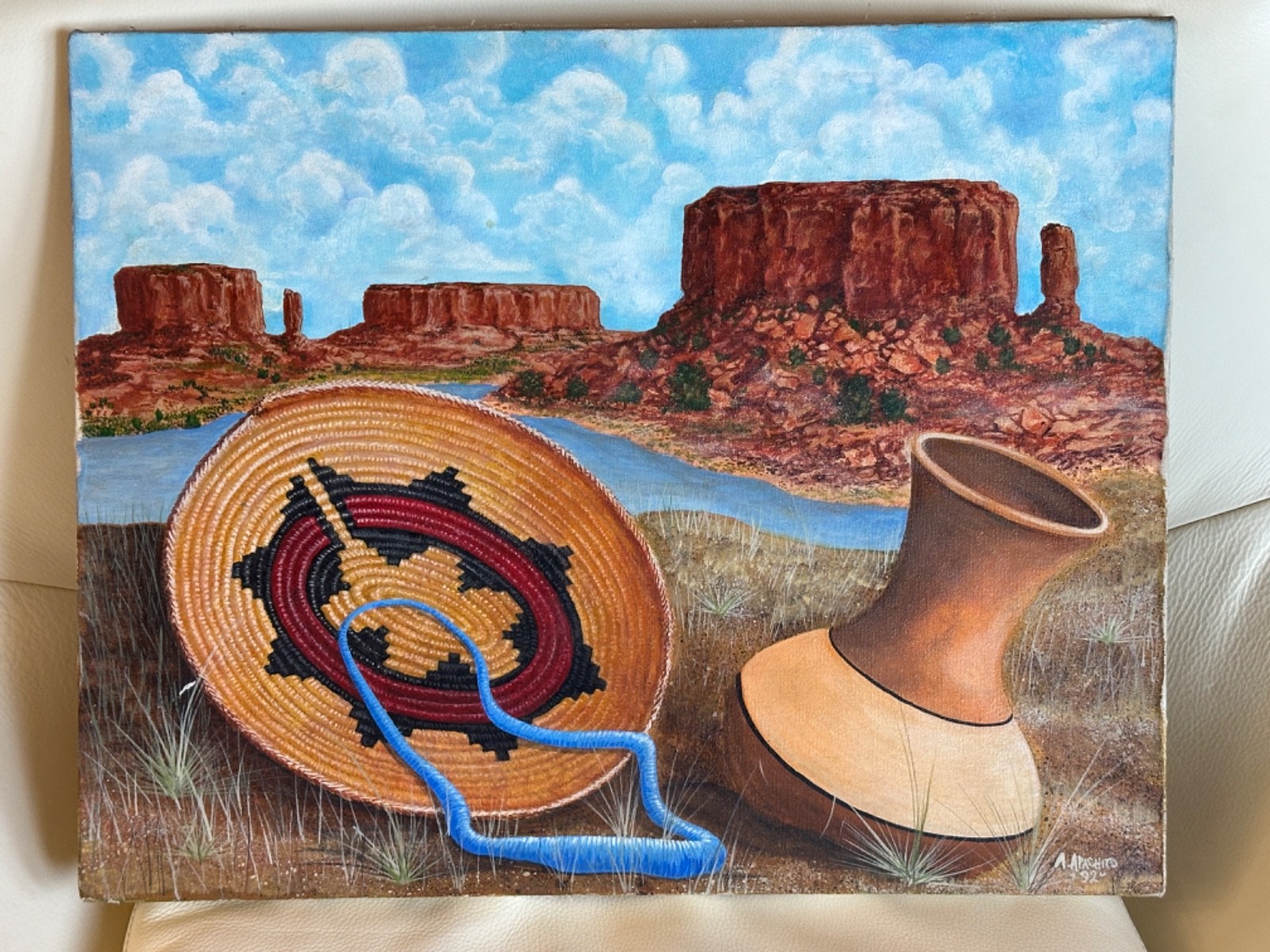 A APACHITO NATIVE AMERICAN VINTAGE ORIGINAL PAINTING ON CANVAS SIGNED 16″ X 20″