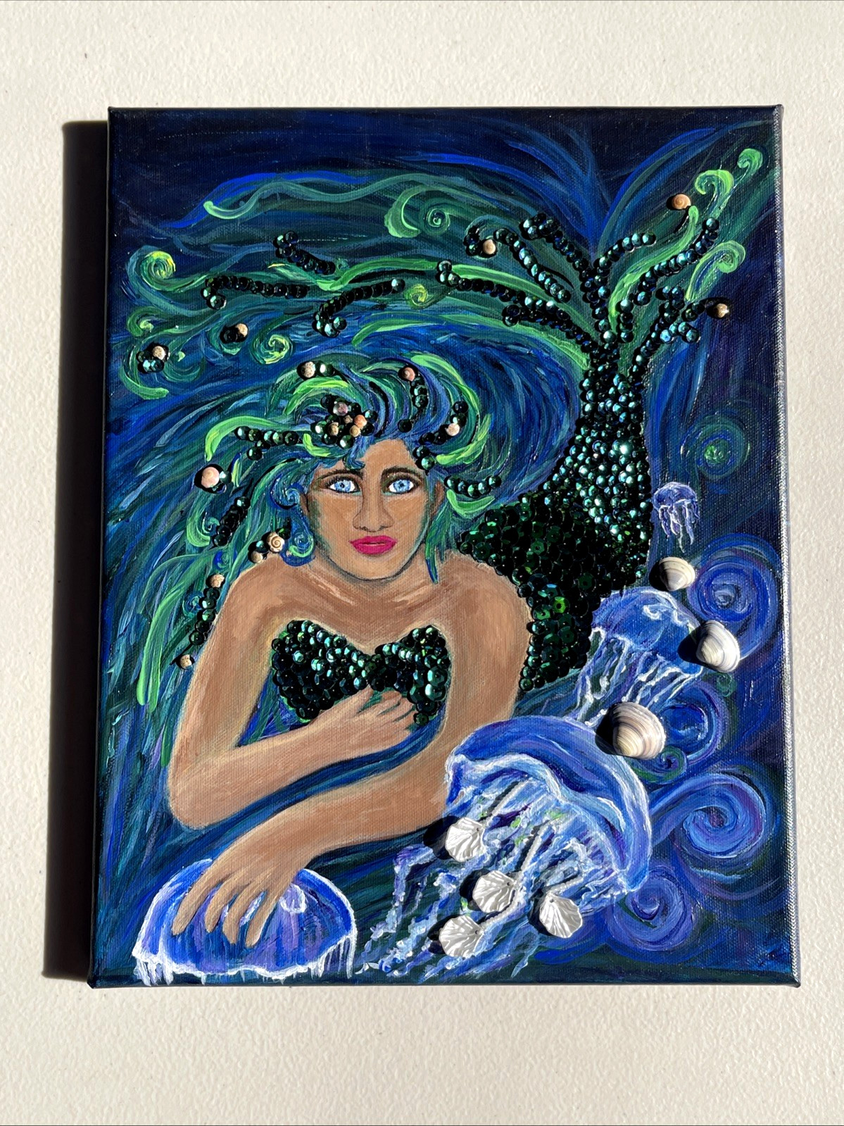 Mermaid Painting Collage Mixed Media OOAK Acrylic Seashells Jellyfish Hawaii