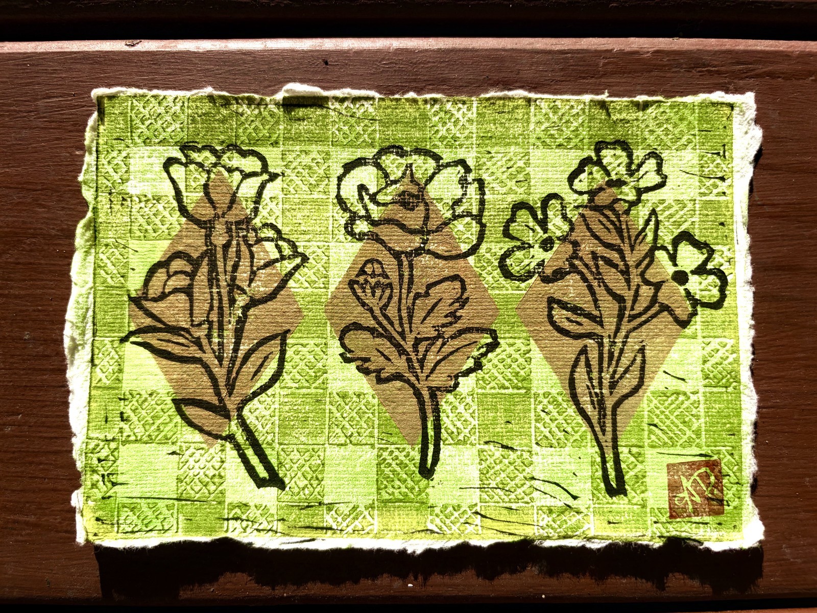 Vintage Linocut 70’s Picnic Floral Painting by Alannah Dyer- Mini Art 4×6 in