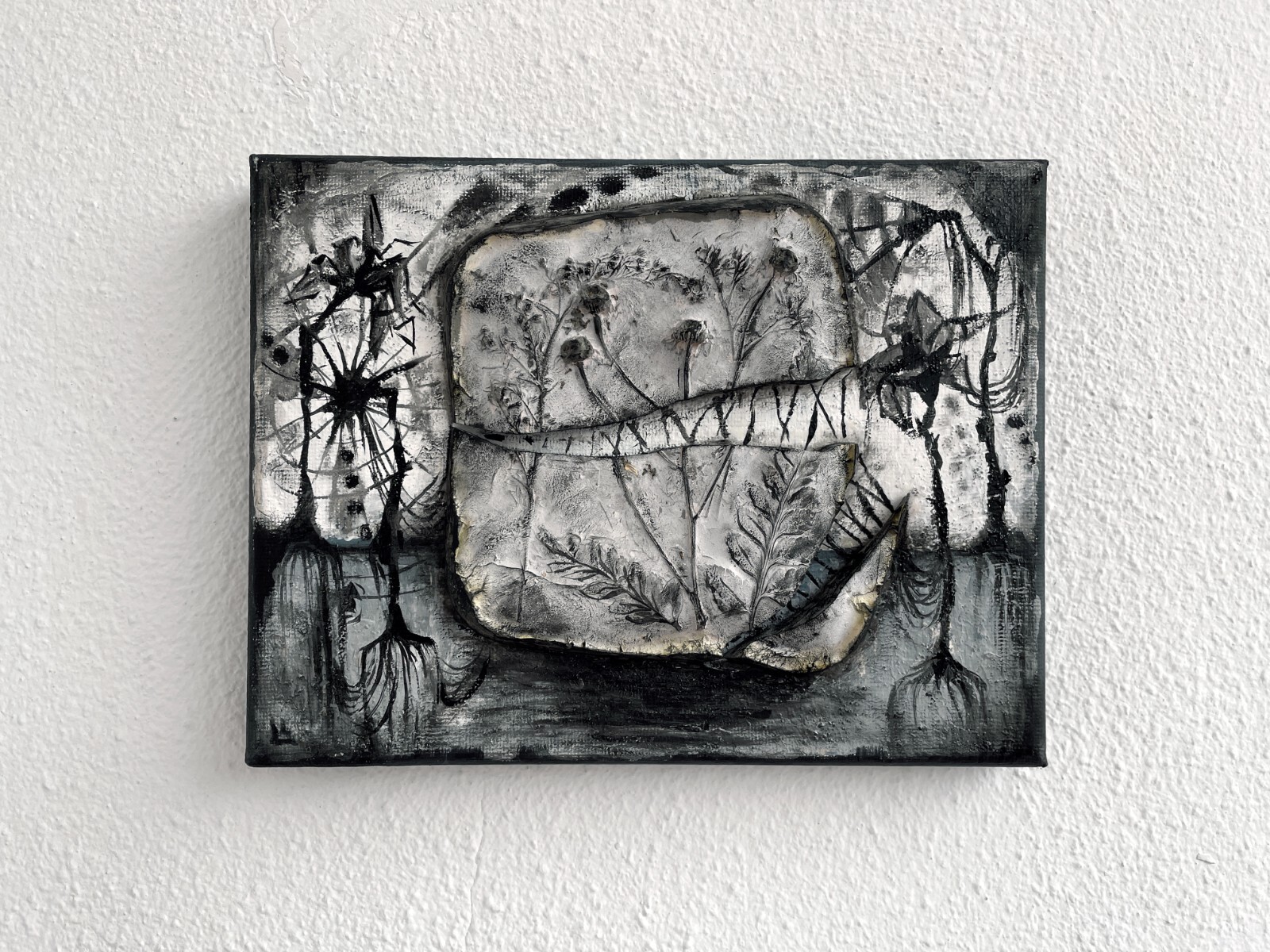 Broken life, conceptual artwork, mixed media painting, interior art, gray black
