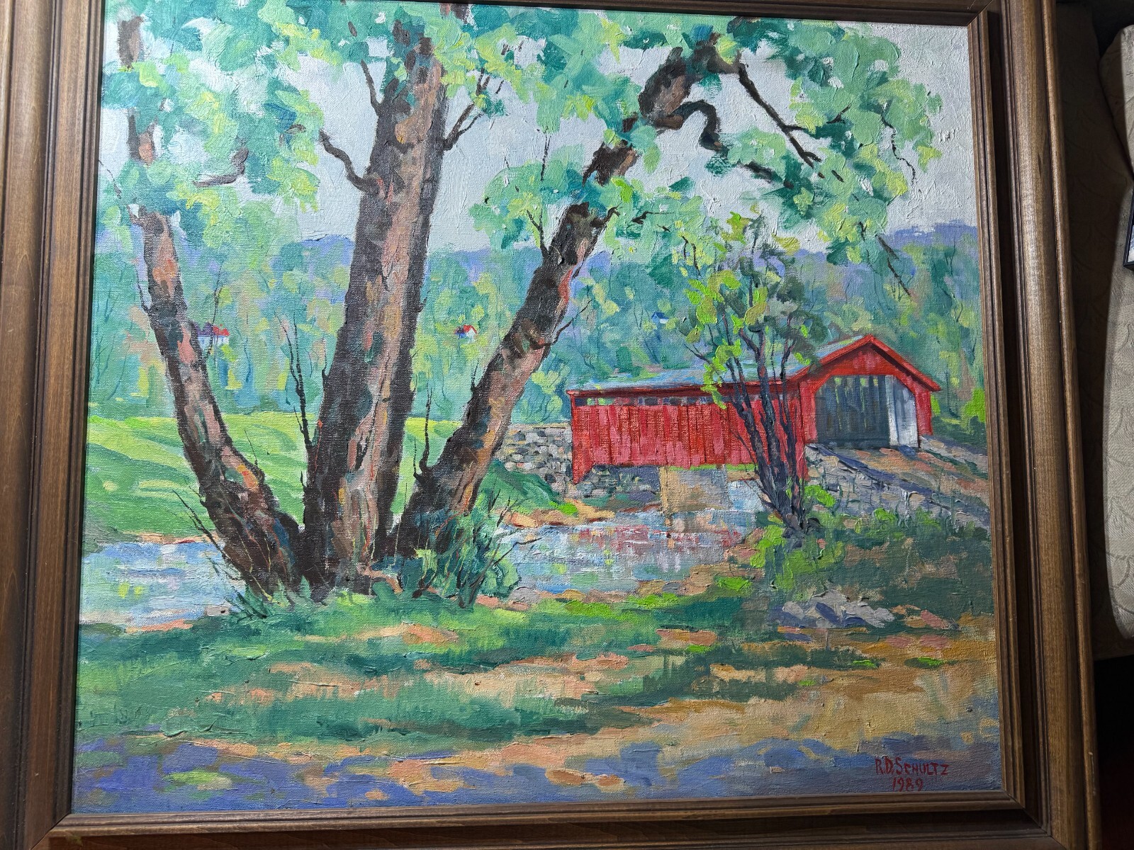 Richard D. Schultz (1915 – 2007) «Bogert’s Covered Bridge, Lehigh» Oil Painting