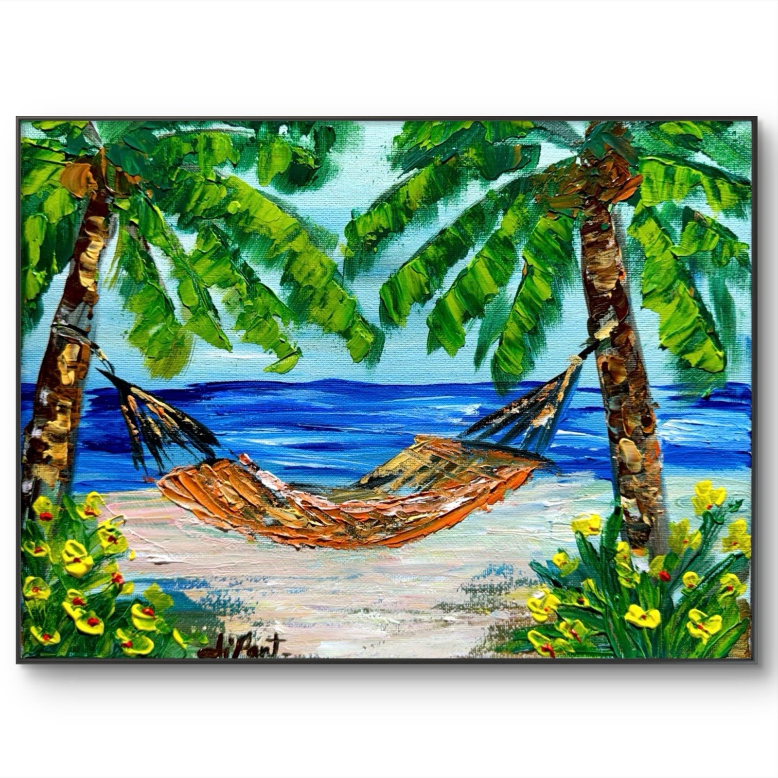 Hammock Palm Original Art 12×9 Canvas Paradise Impressionist Wall Art Home Decor
