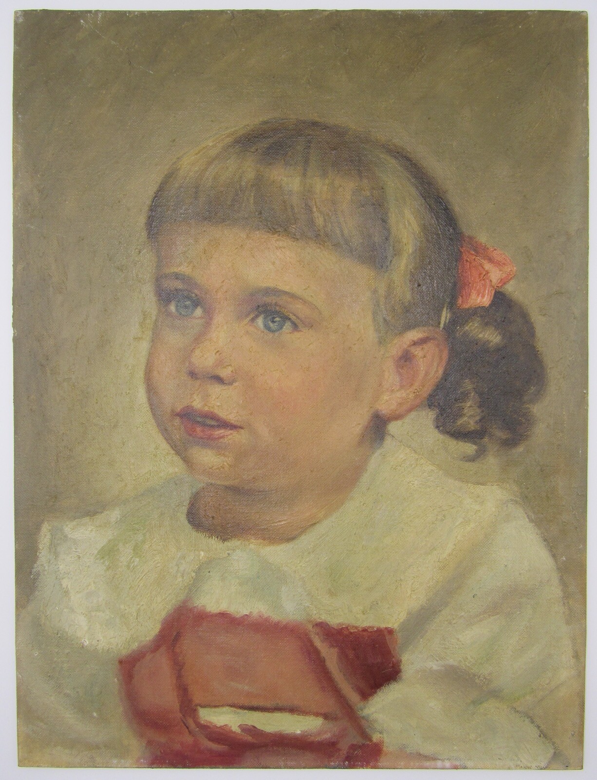 Charming vintage oil painting portrait young girl with bangs 12×16″