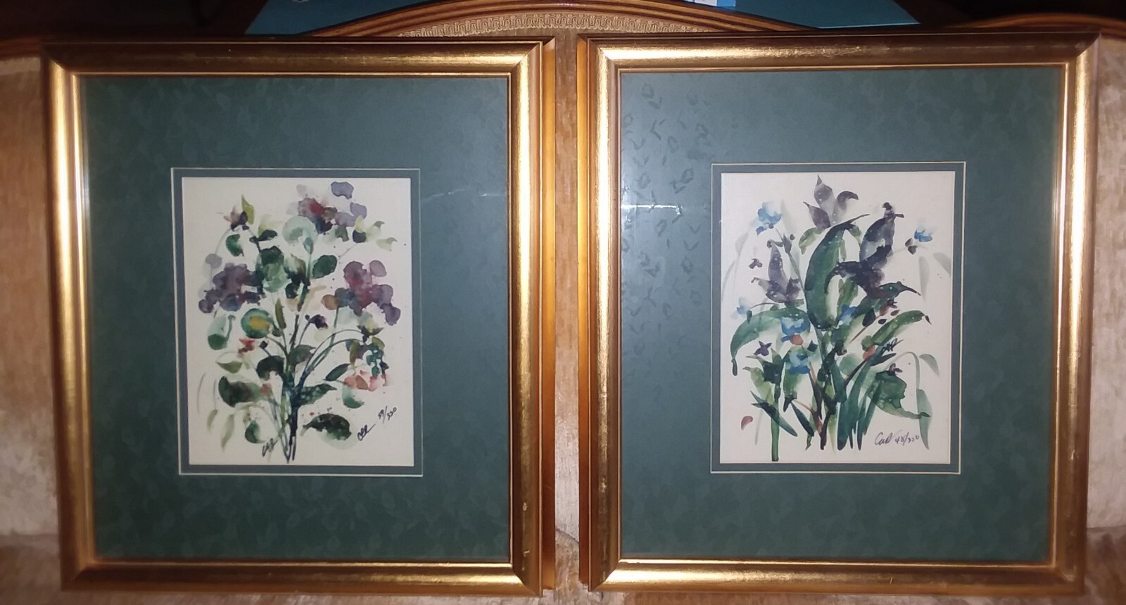Abstract Floral Watercolors Gold Frames Signed Numbered – 14″x16″ – Set of Two
