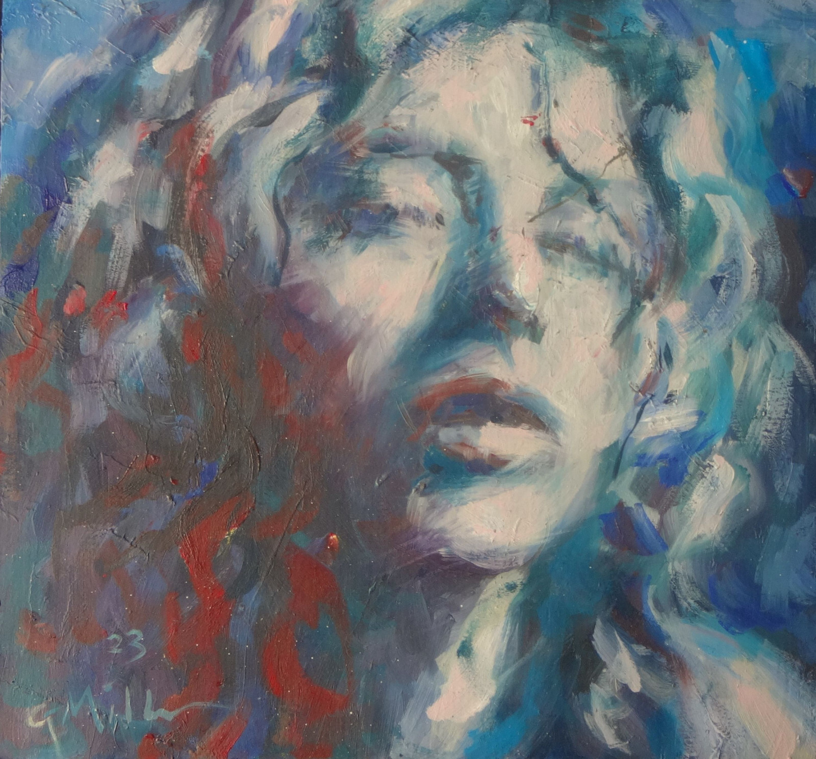 GERRY MILLER-Original oil painting on cardboard.”Pink Blue”.22×20.5cm .Unframed