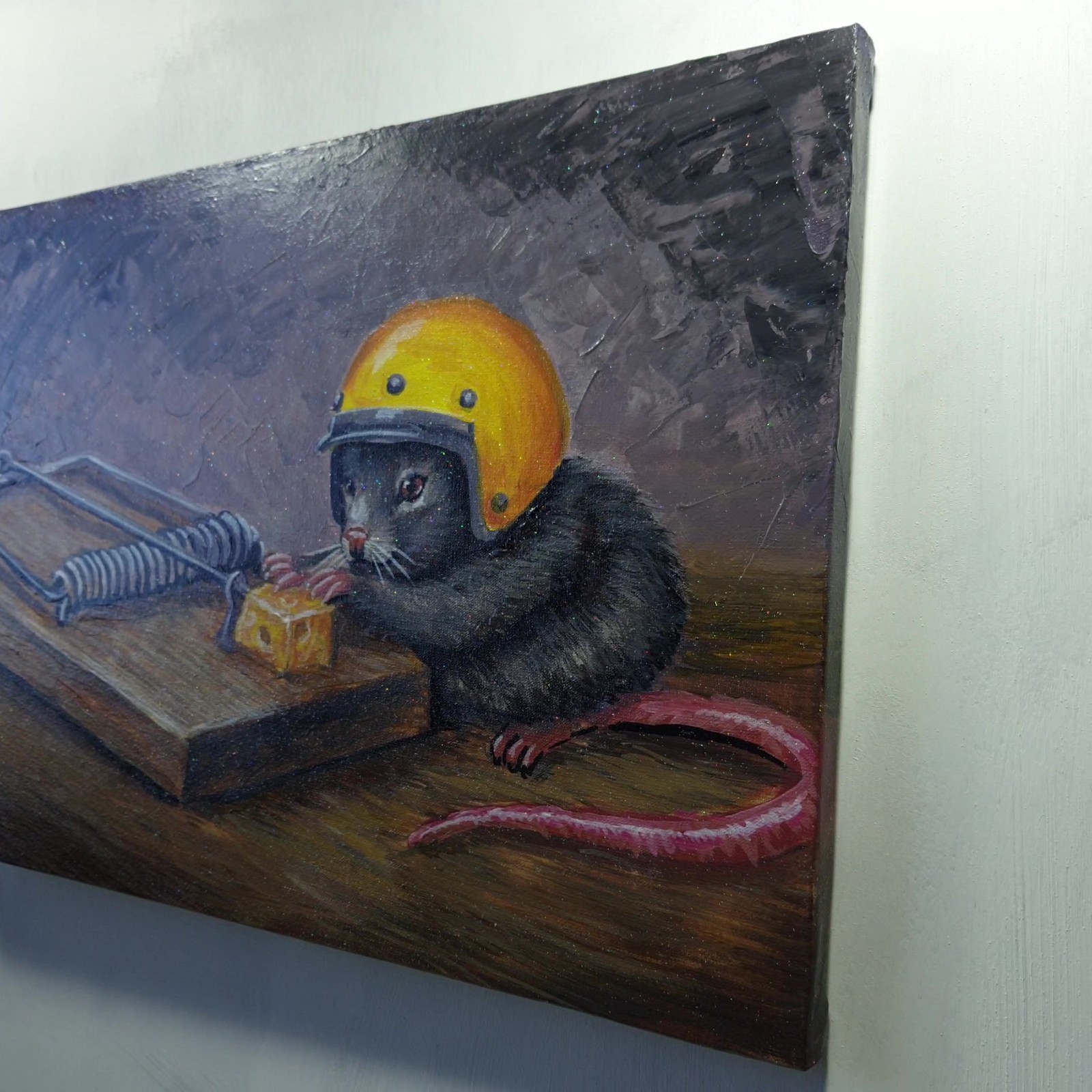 Original Acrylic Painting Mouse Yellow Helmet Cheese Trap Canvas Humor Wall Art