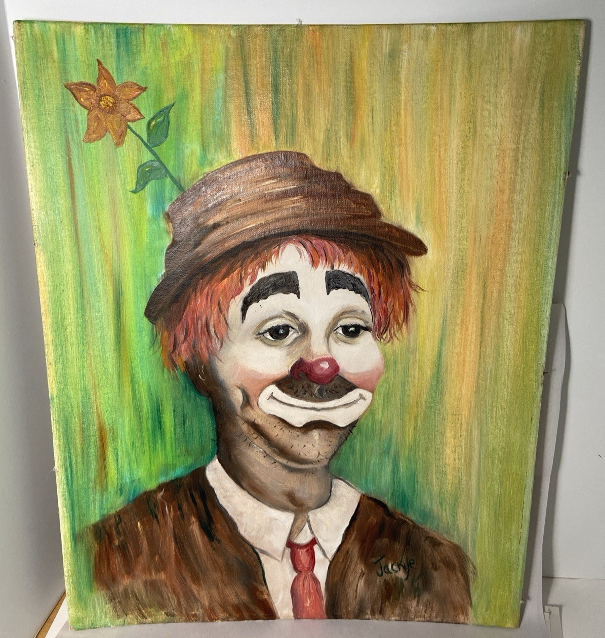 Vtg 1970’s Acrylic Painting Clown Nice 16 x 20 Canvas Unframed Signed Jackye