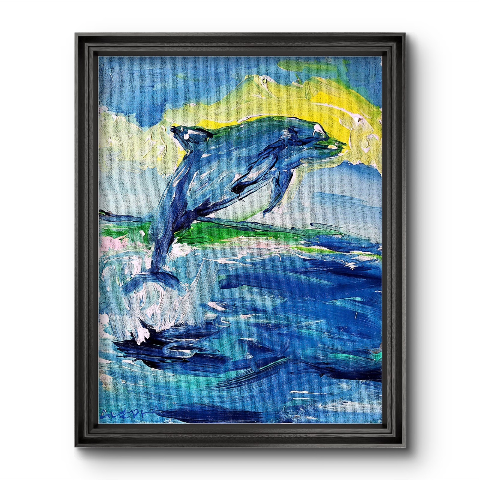 Aleph Original Abstract Impressionist Dolphin Painting 14×11 Ocean Canvas Art