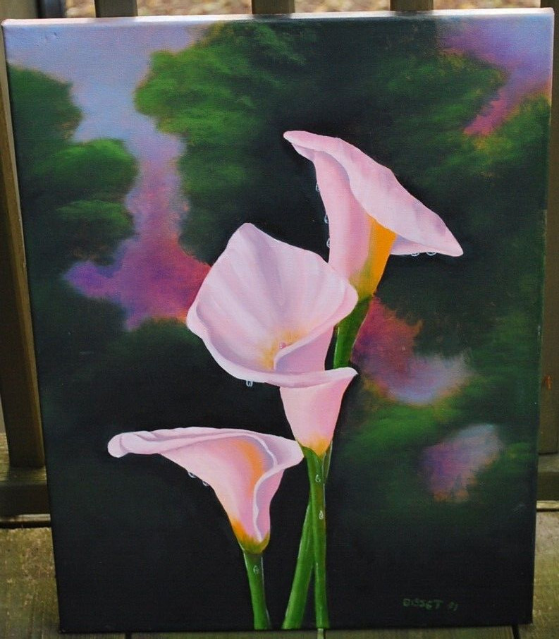 Vintage PINK CALLA LILIES FLOWERS Original Art ACRYLIC PAINTING Signed 24″ x 18″