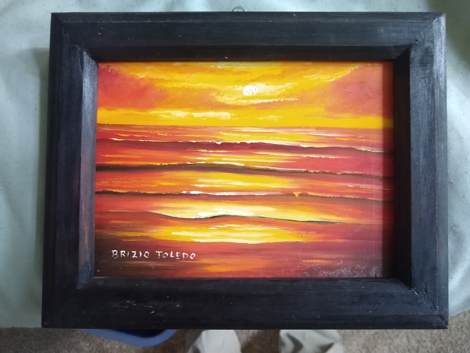 Framed Sunset Oil Painting Original Beach Ocean Waves at Sunset Small Wall Art