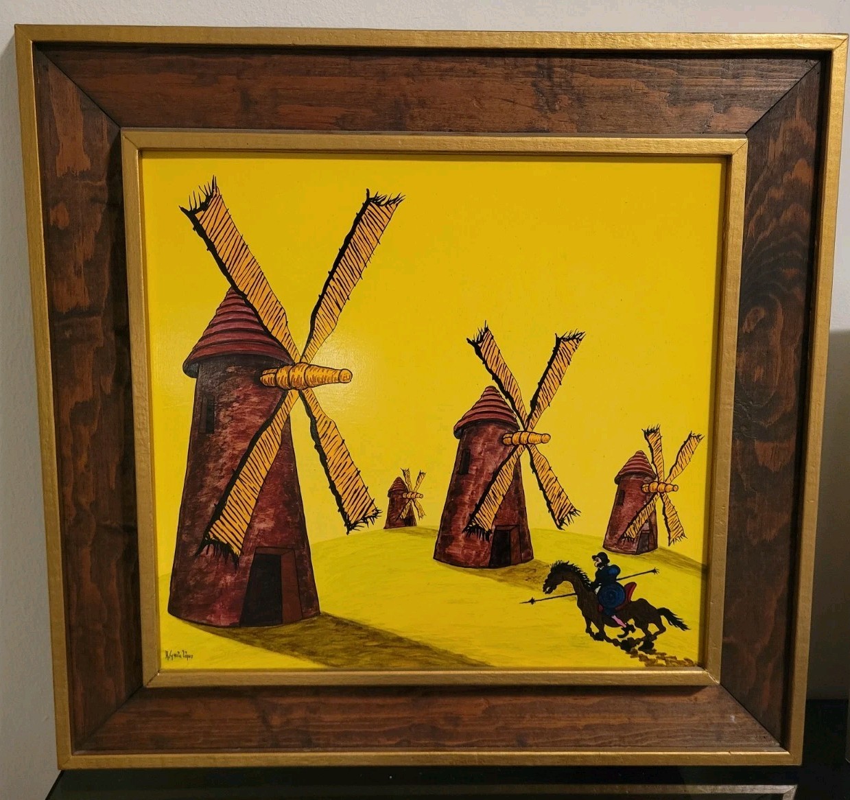 Original A. Garcia Lopez Surreal Windmill Painting Don Quixote Folk Art 19×18