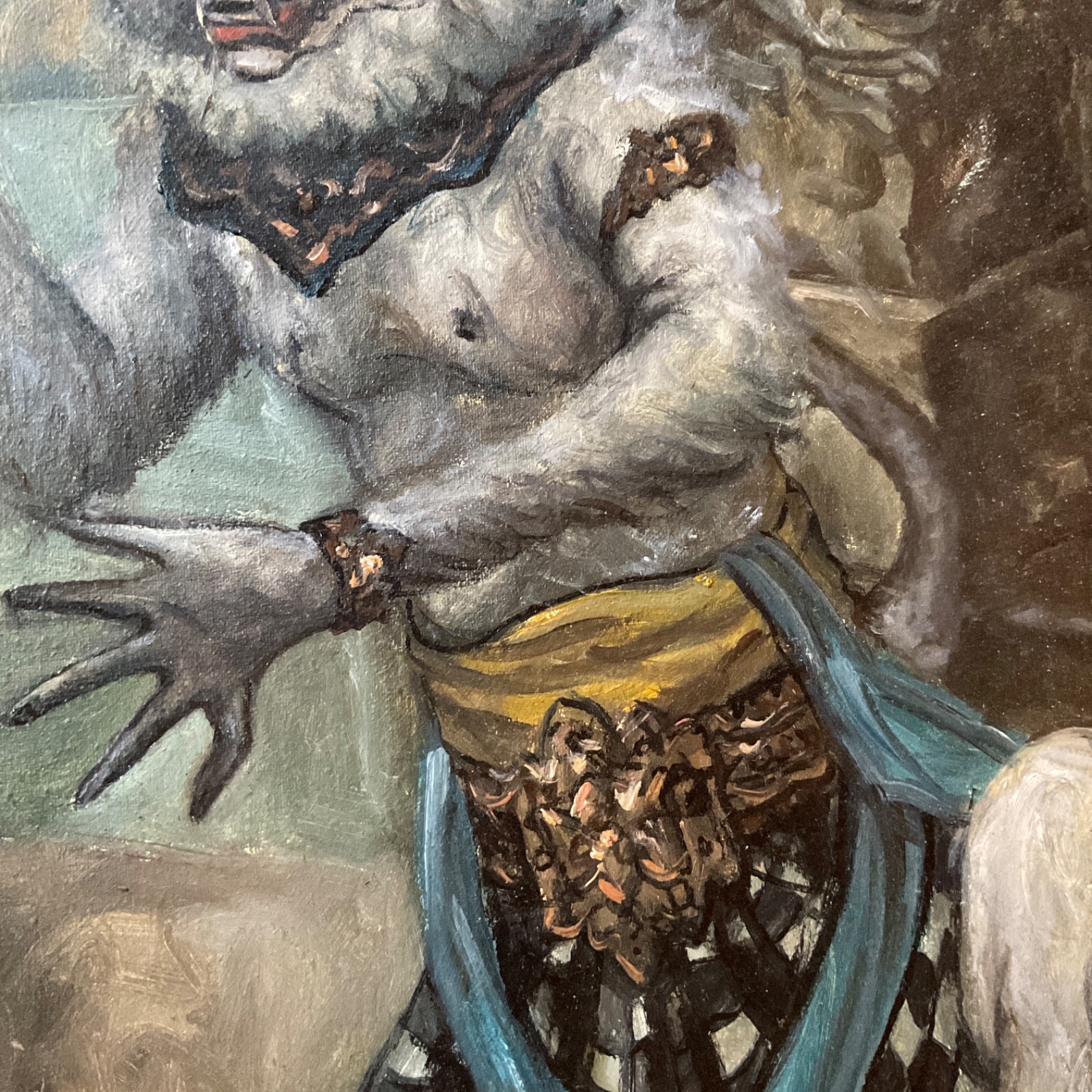 original oil painting Balinese woman portrait mythical monkey god signed vinage