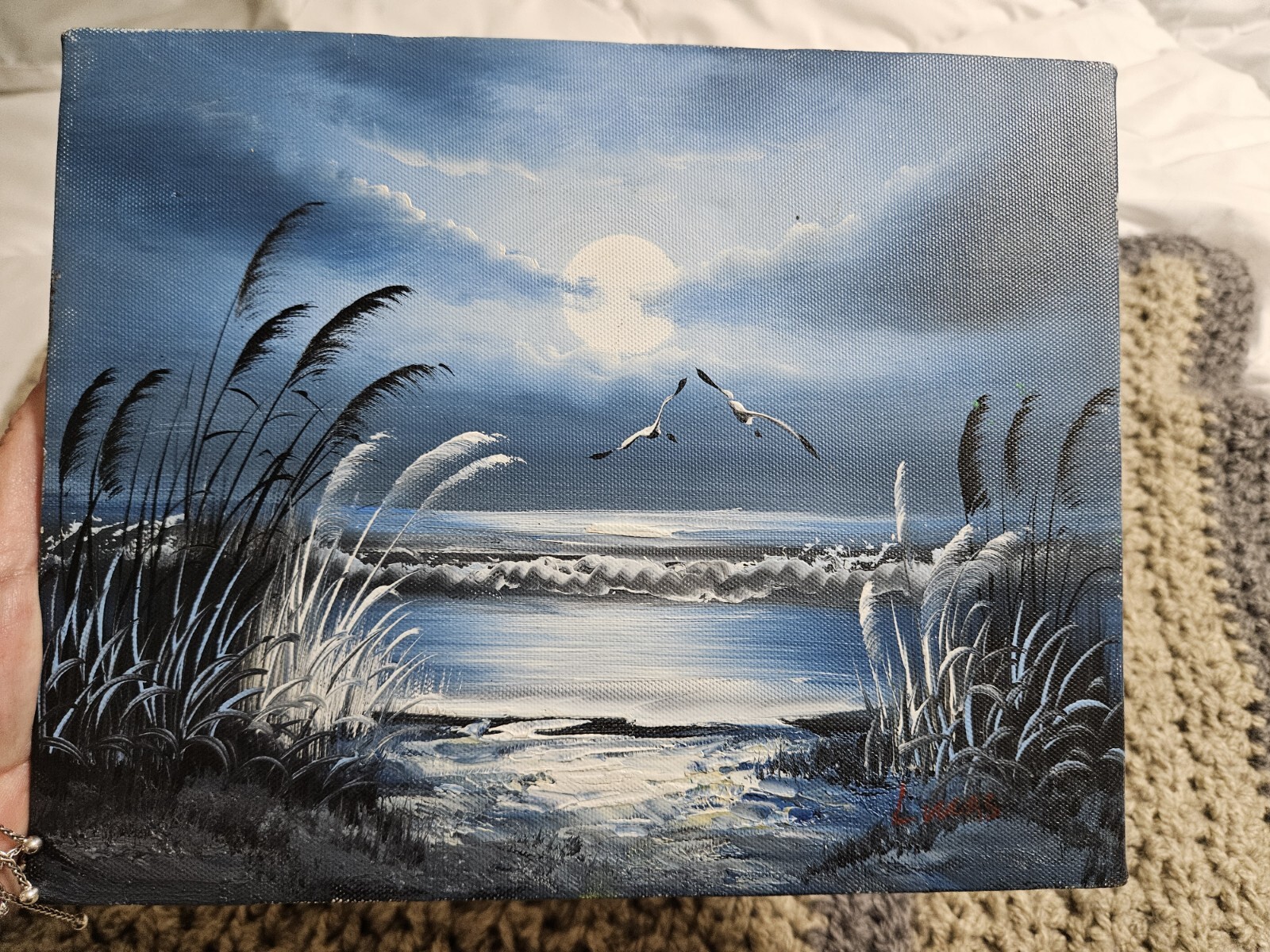 Signed Hand Painted Canvas Beautiful Beach Water Bird Tree 8×10 Painting Art