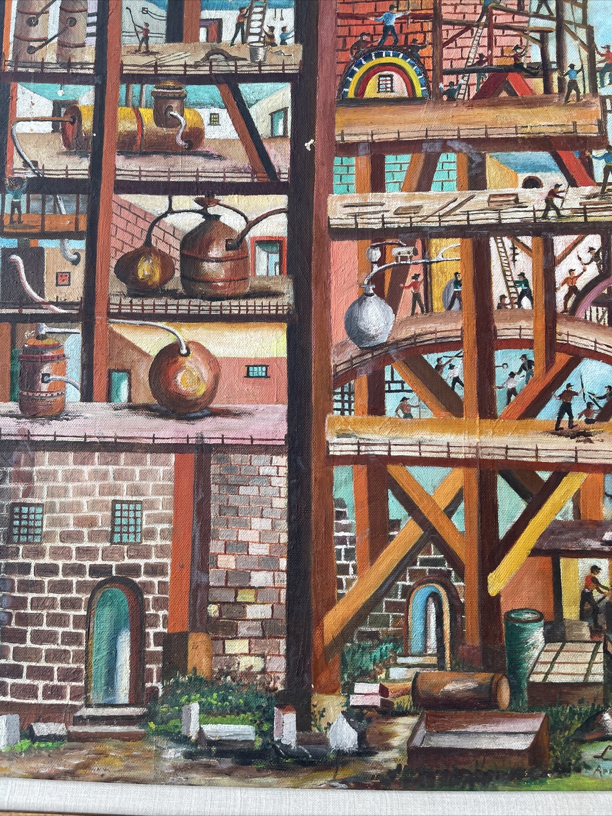 Vintage Industrial Painting Construction Workers Factory Urban Modernism Listed