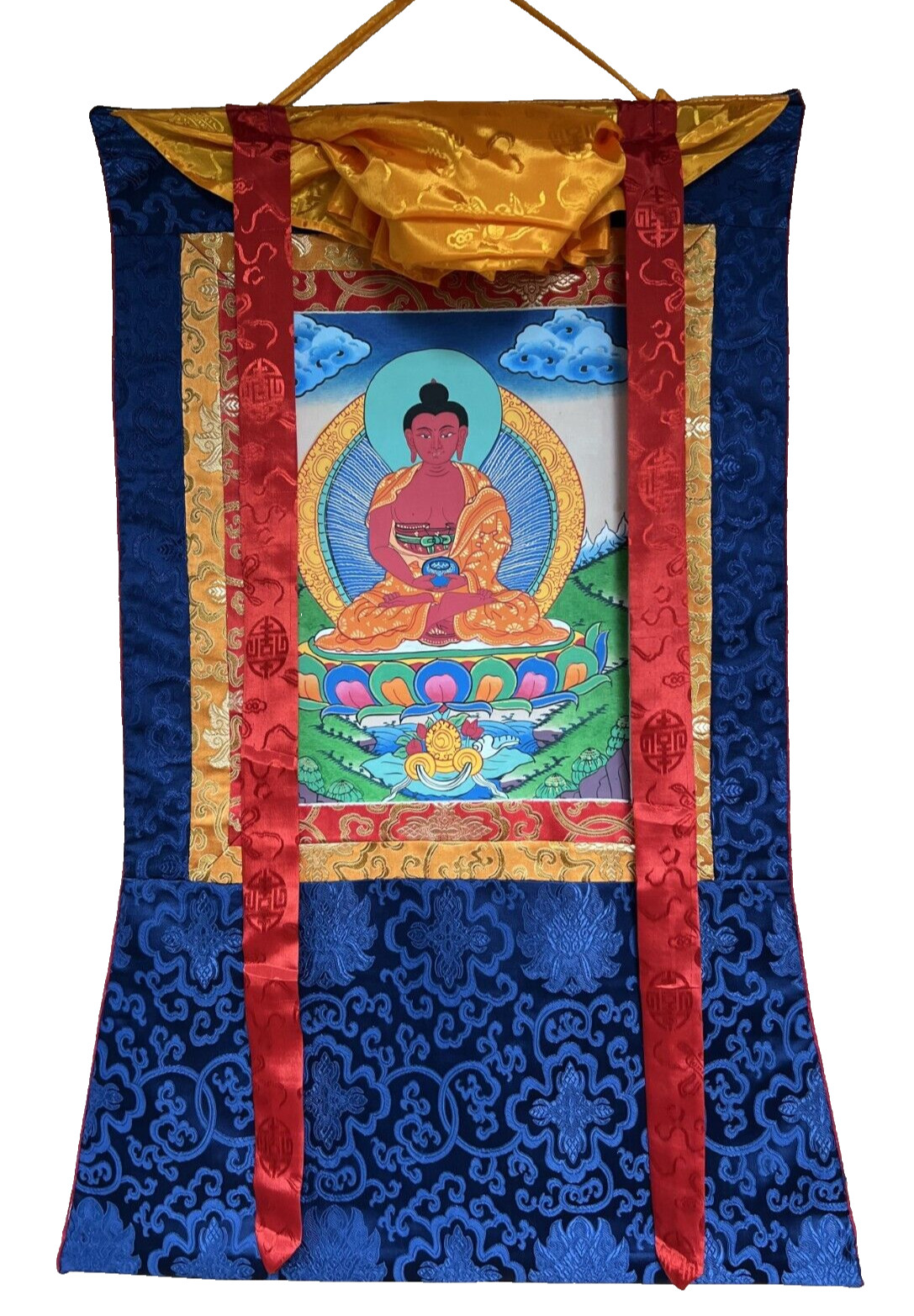 HAIND-PAINTED AMITABHA BUDDHA TIBETAN THANGKA PAINTING WITH SILK BROCADE