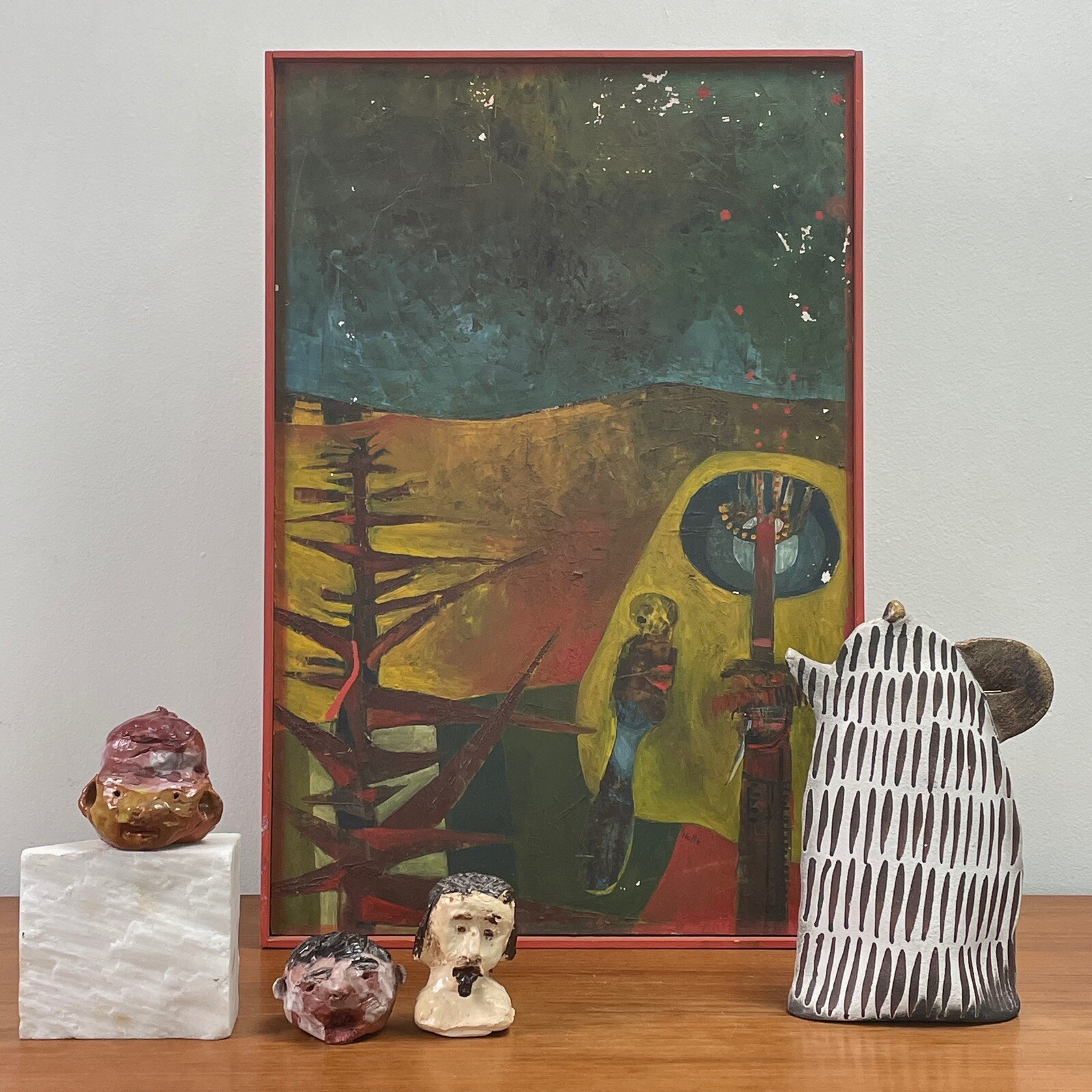 Outsider Modernist Landscape With Figures and Tree (ca. 1950, Signed)