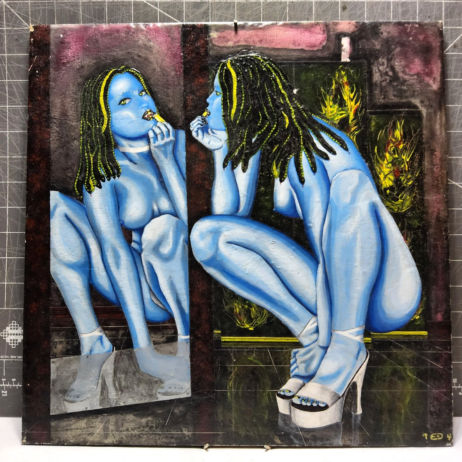 Original painting blue medusa pinup art mirror fantasy 16×16 tile painting goth