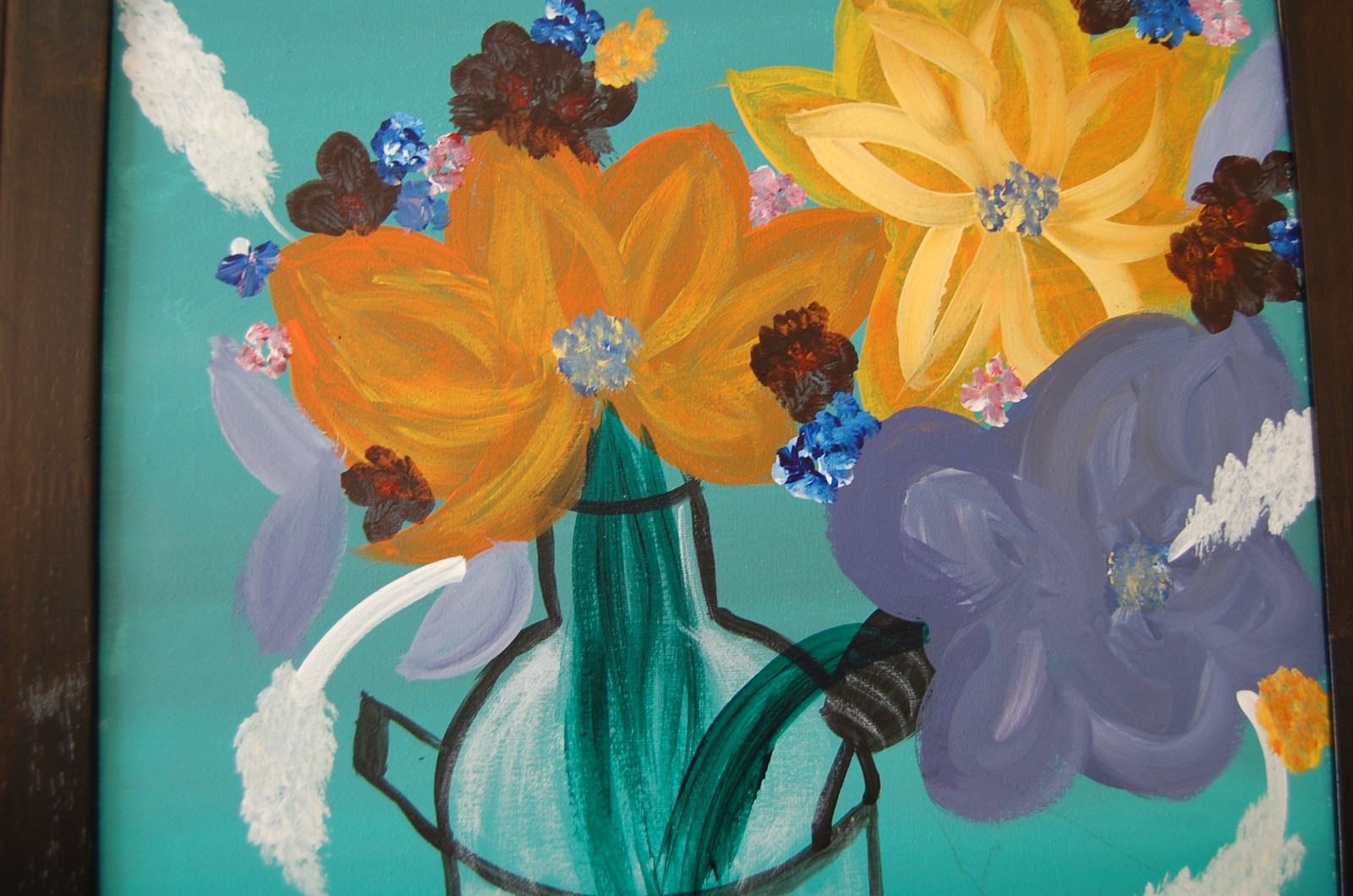 ORIGINAL FRAMED ACRYLIC MODERN ABSTRACT PAINTING OF FLOWERS ON VASE A STILL LIFE