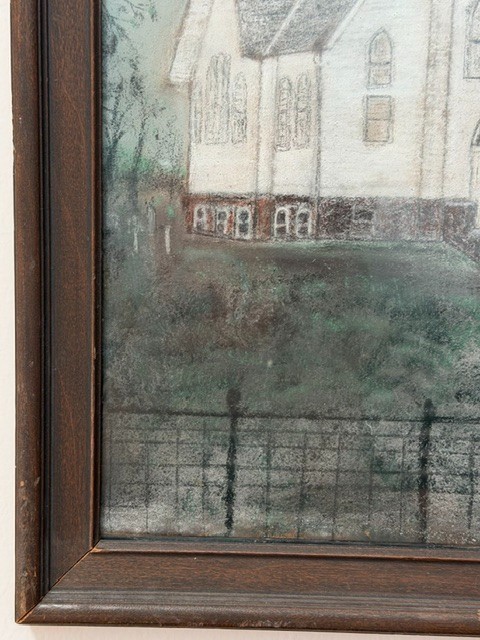 VINTAGE ORIGINAL PENCIL/CHALK FRAMED PAINTING WHITE STEEPLE CHURCH SCENE ARTWORK