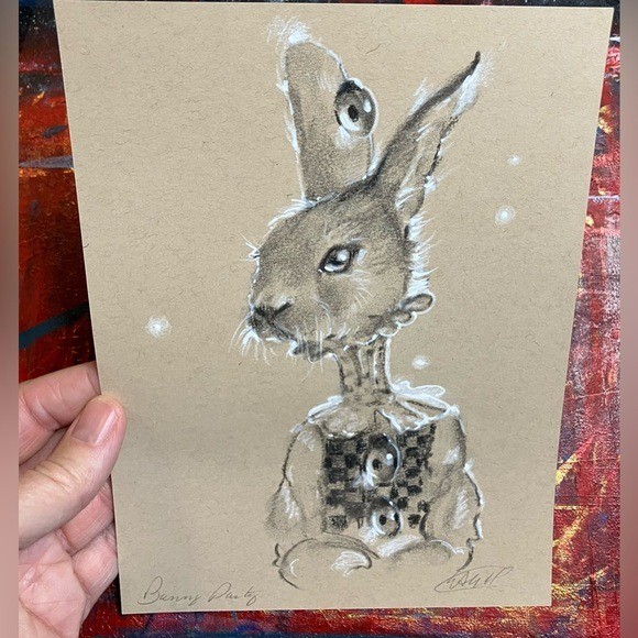 Bunny Rabbit Original painting Whimsical rabbit art Character Charcoal Pastel