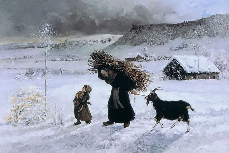 Oil painting gustave courbet – the poor village woman ornans in winter & goat
