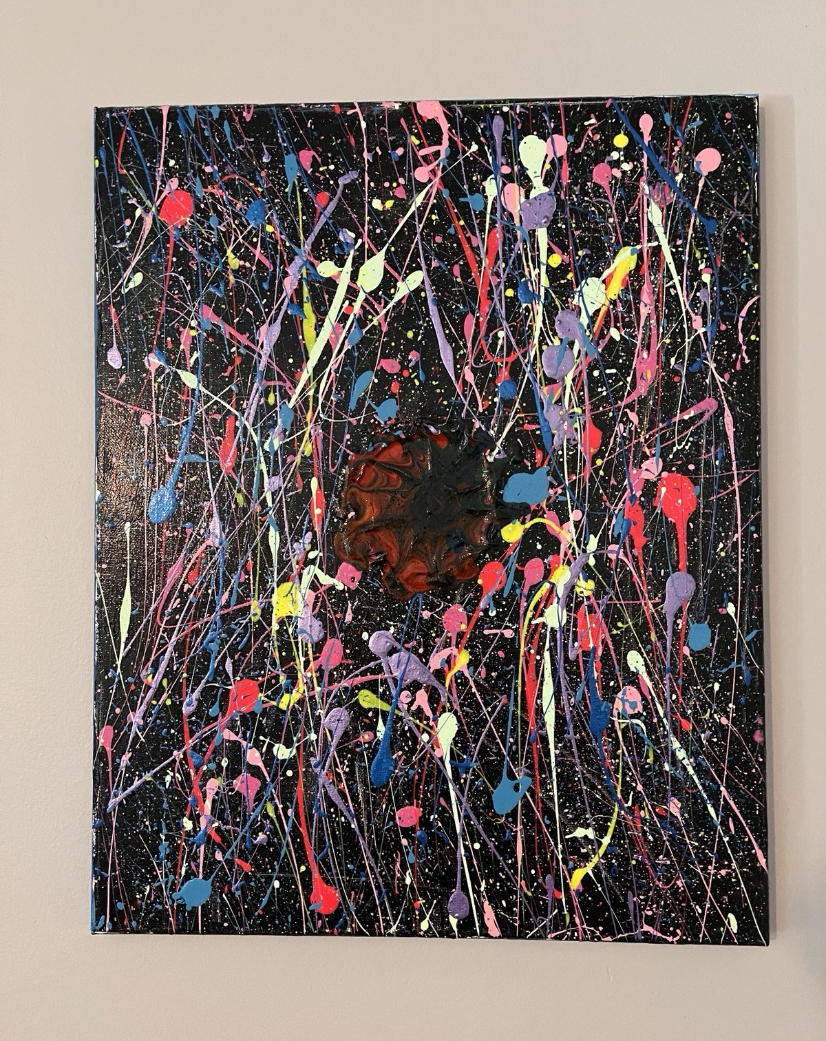 Abstract Splatter Painting – Black Background with Multicolor Drips, Unframed