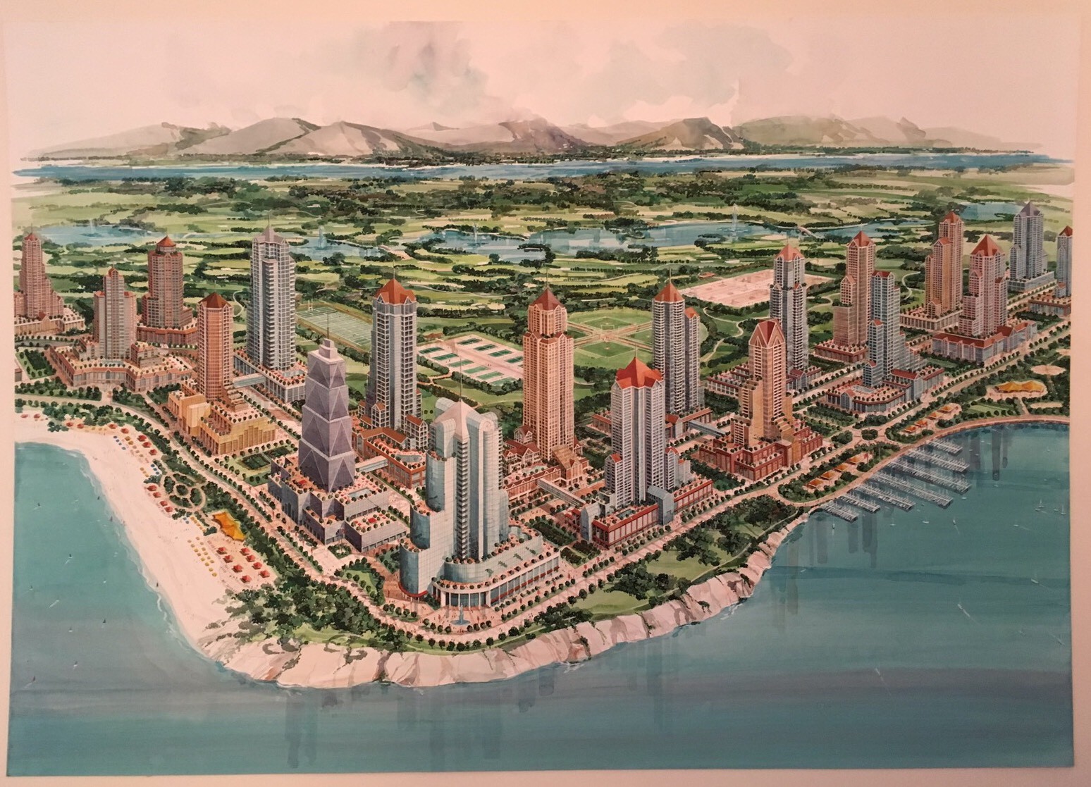 Lg. Orig. Watercolour 28″x39″ Beachfront Resort Cityscape Detailed Planning