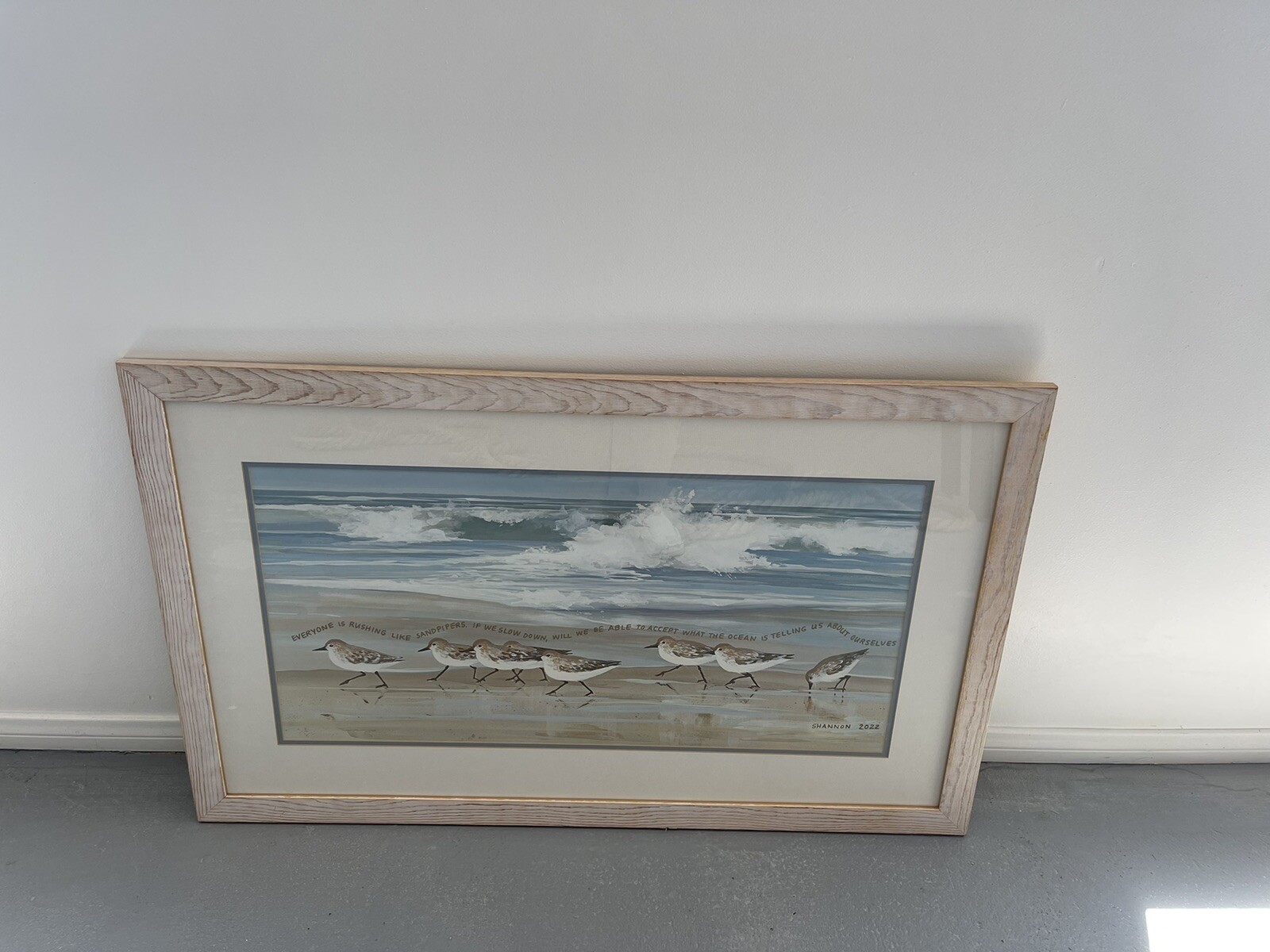 shannon Daigle fine art sandpiper Birds Ocean Waves beach framed painting 24×35”