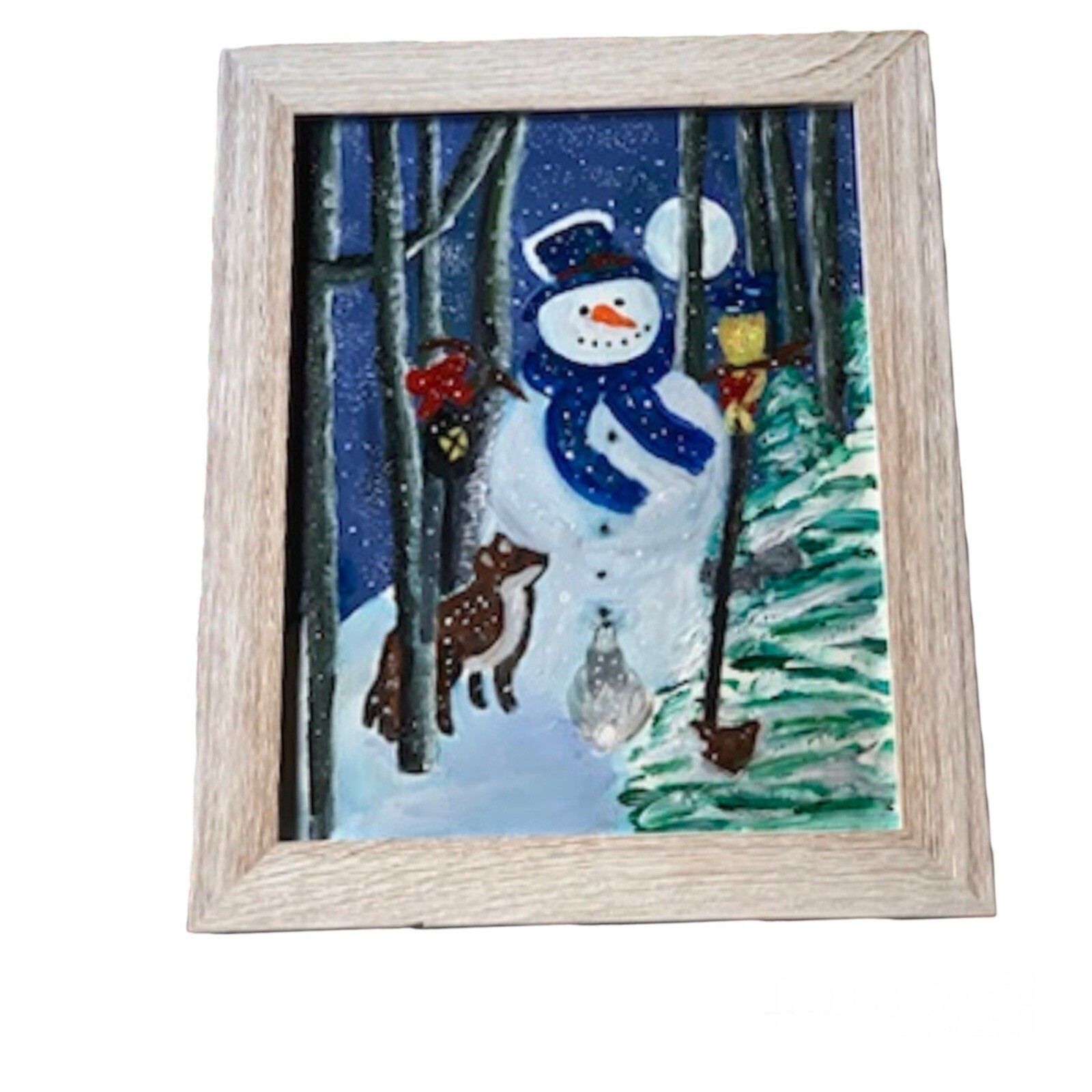Original Painting Snowman Winter Snow Holiday Art Framed 16.5×13.5