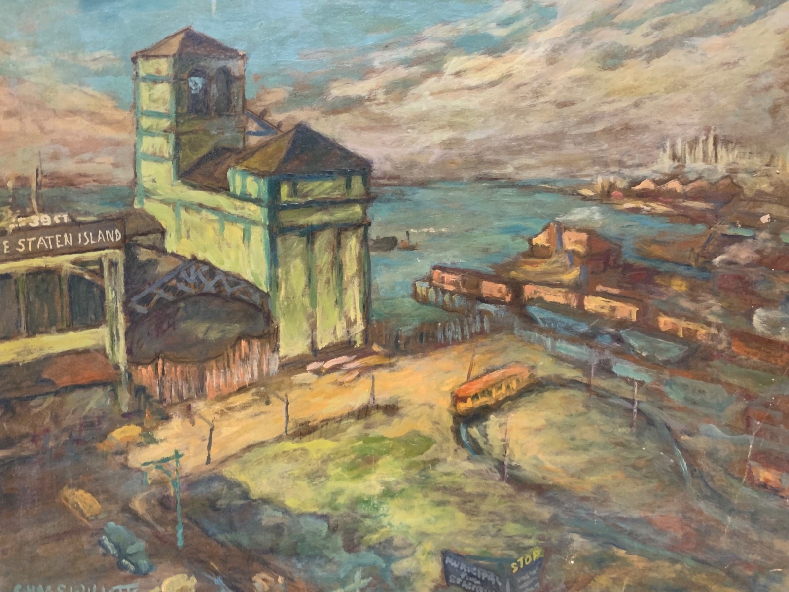 New York City Rare WPA American Impressionist Cityscape Oil Painting Signed.