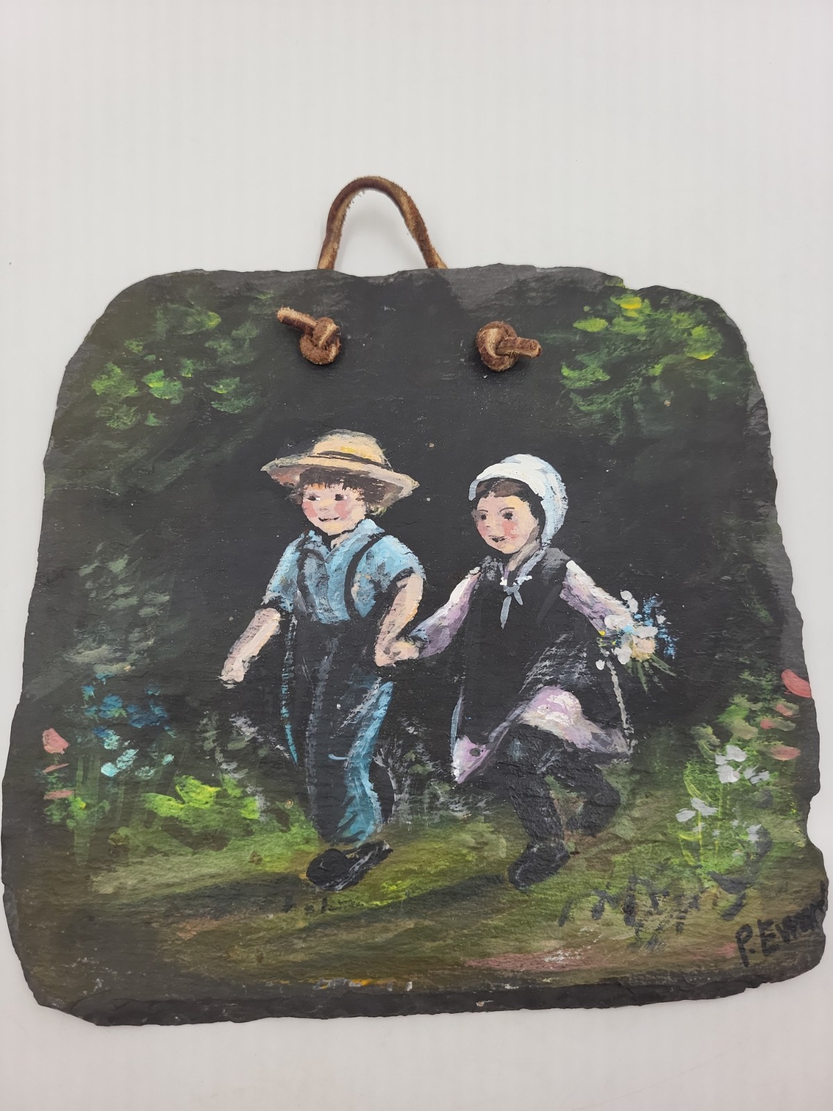 Oil On Slate Painting Amish PA Dutch Children Playing P. Evrard