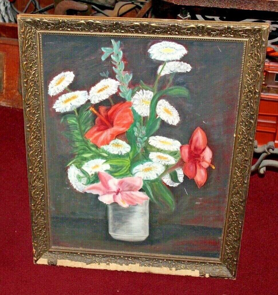 Vintage Flower Oil Painting Shabby Chic Colorful Flowers In Vase Framed