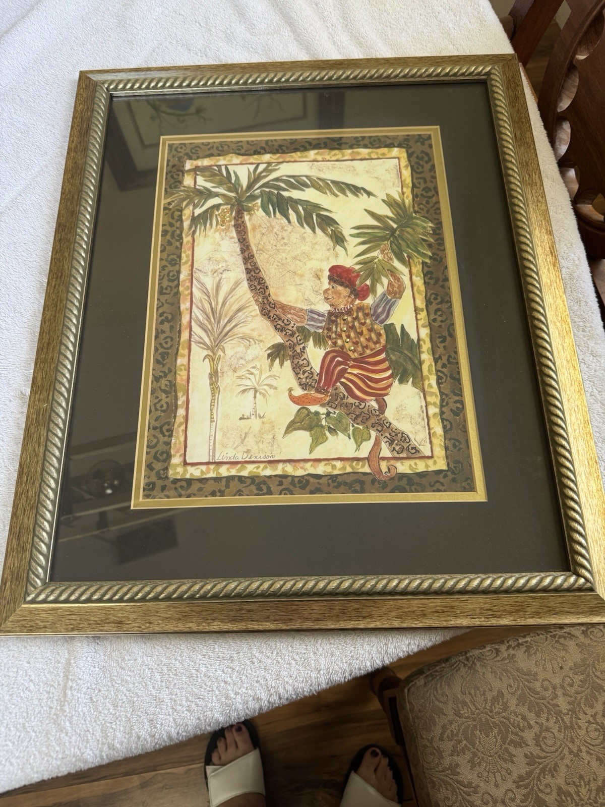 VTG Linda Denison Florida Arrist Mixed Media Monkey/Palm Tree Painting, Signed