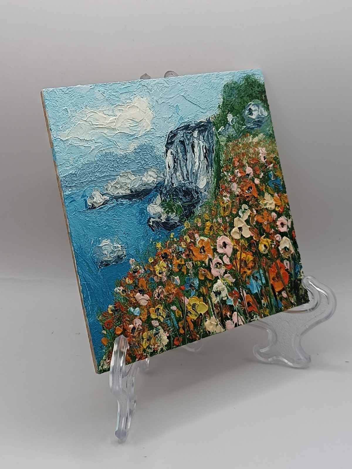Original Coastal Floral Oil Painting Framed Miniature Seascape Impasto Art