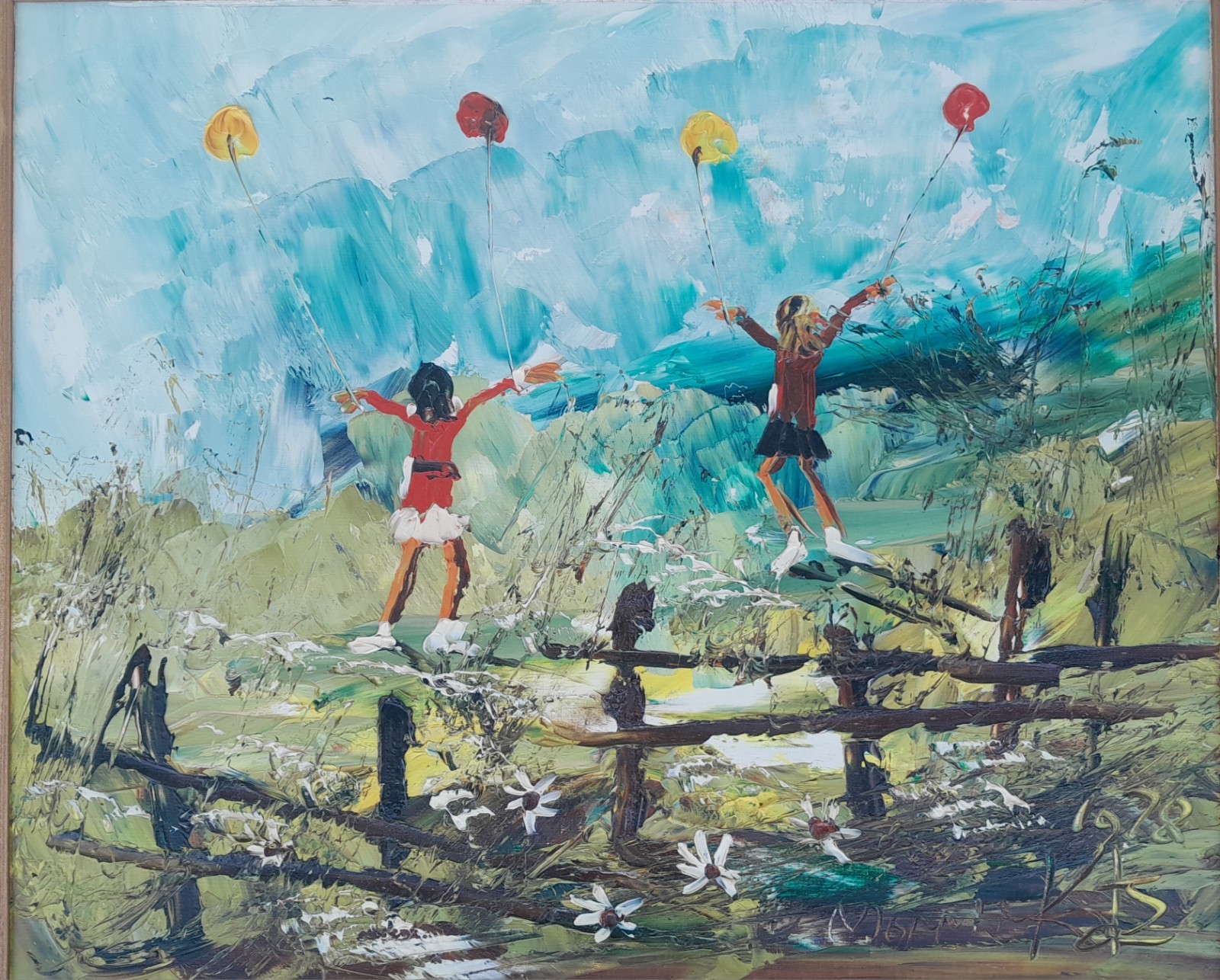 MORRIS KATZ LARGE MID CENTURY OIL/PANEL 1978 «YOUNG GIRLS/BALLOONS/SUNFLOWERS»