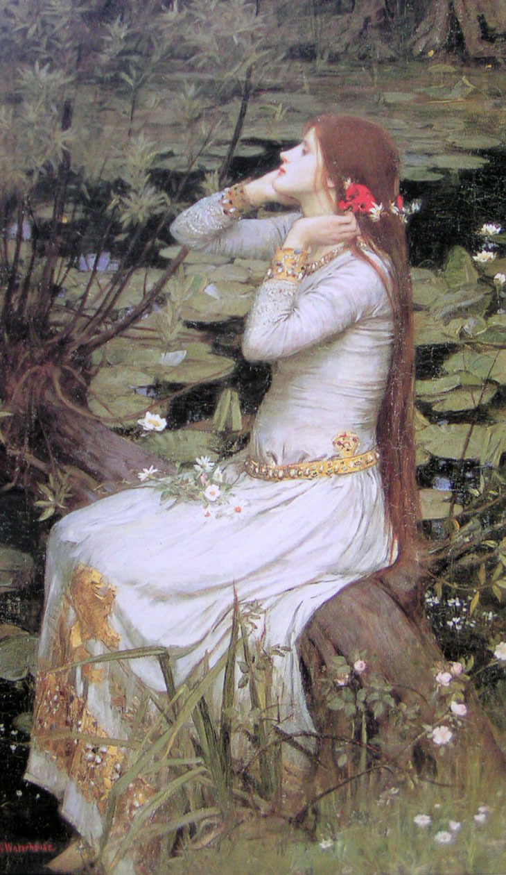 Oil painting J. W. Waterhouse – Beautiful young girl of Ophelia by a lotus pond