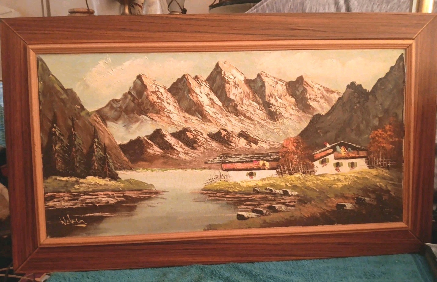 MID CENTURY GERMANY DECORATIVE OIL / FRAMED CANVAS PAINTING SWISS ALPS 37″x21.5″