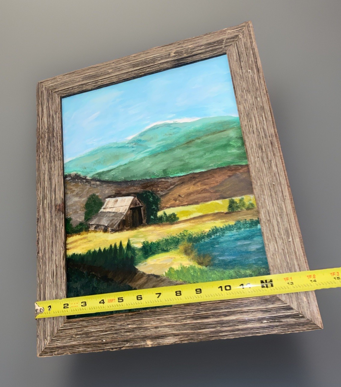 Vintage Oil Painting Farm Folk Primitive Barn Mountains 17” X 14” Framed